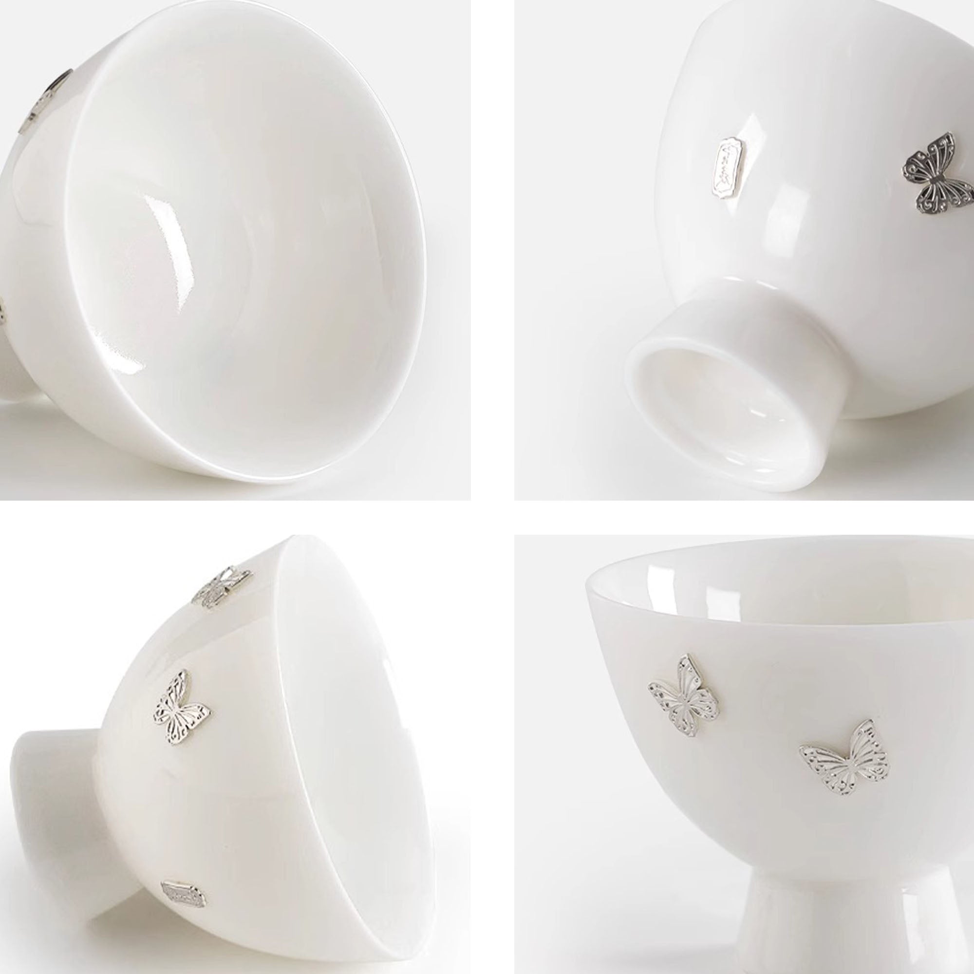 Tasse de maître en porcelaine blanc ornée d’agrafes en argent