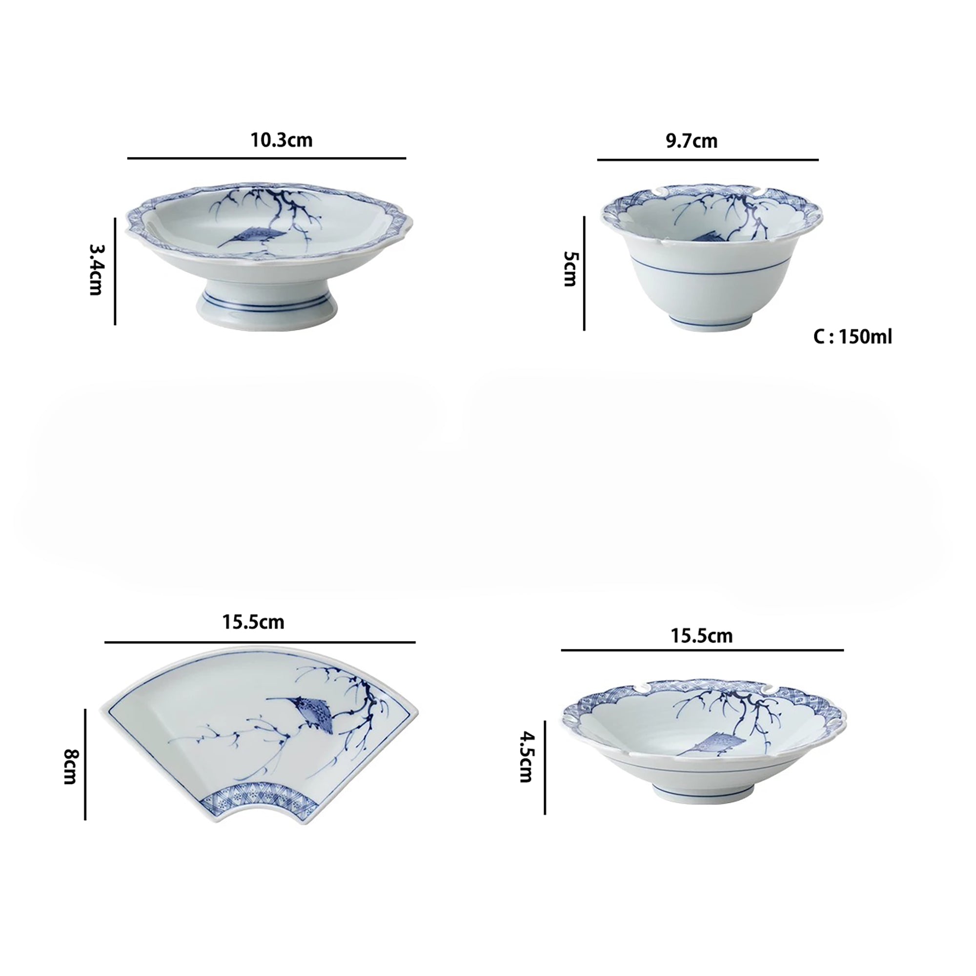 Vaisselle Hamato Arita-yaki bleu et blanc motif oiseau