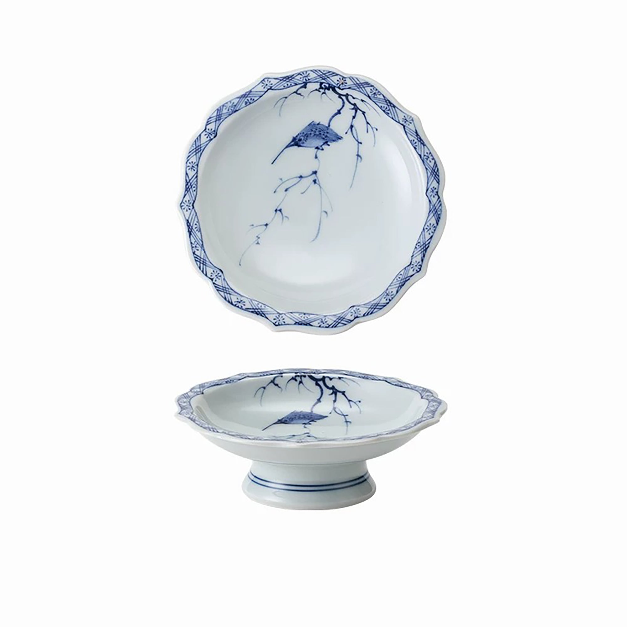 Vaisselle Hamato Arita-yaki bleu et blanc motif oiseau