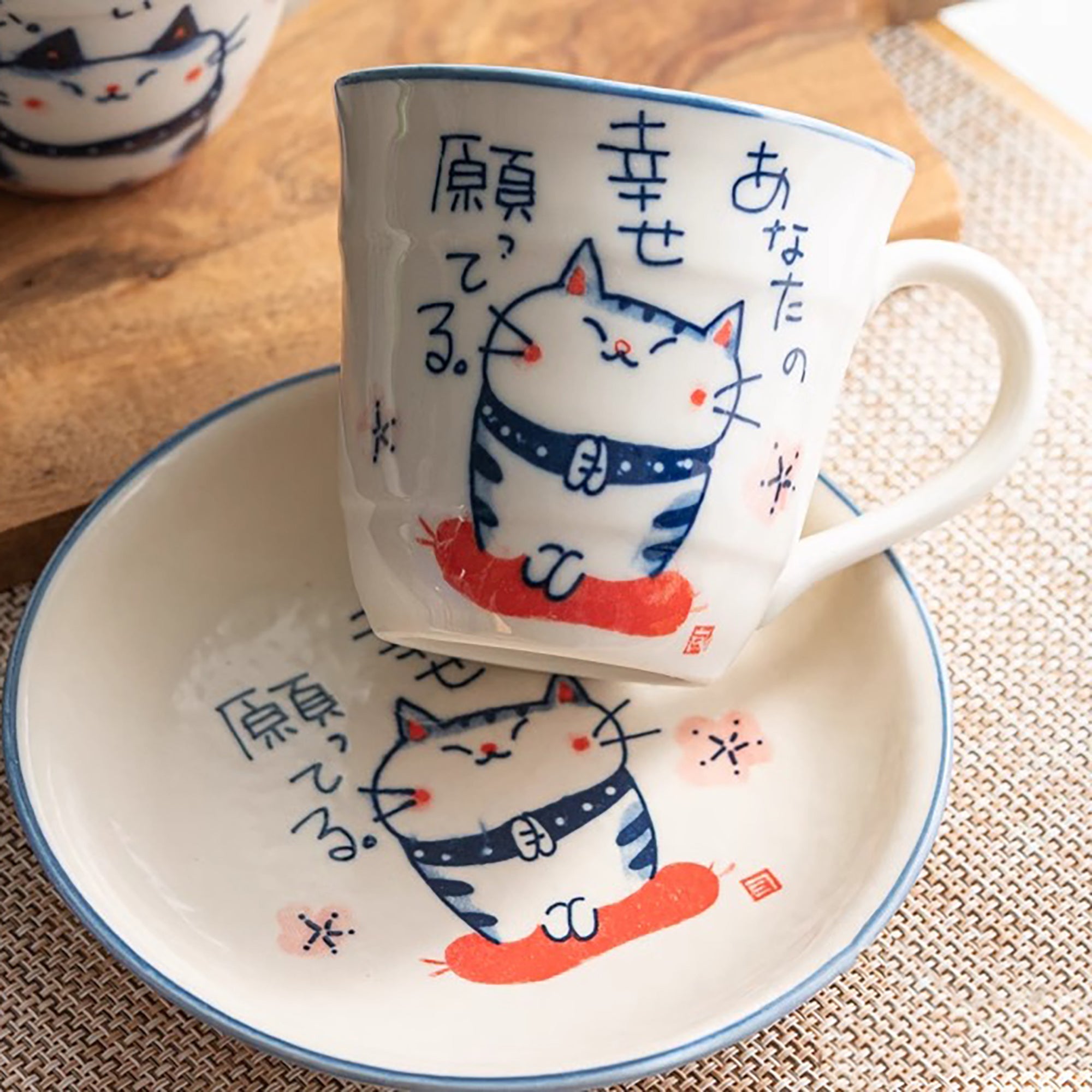 Assiette en ceramique Seto-yaki avec motif chat peint
