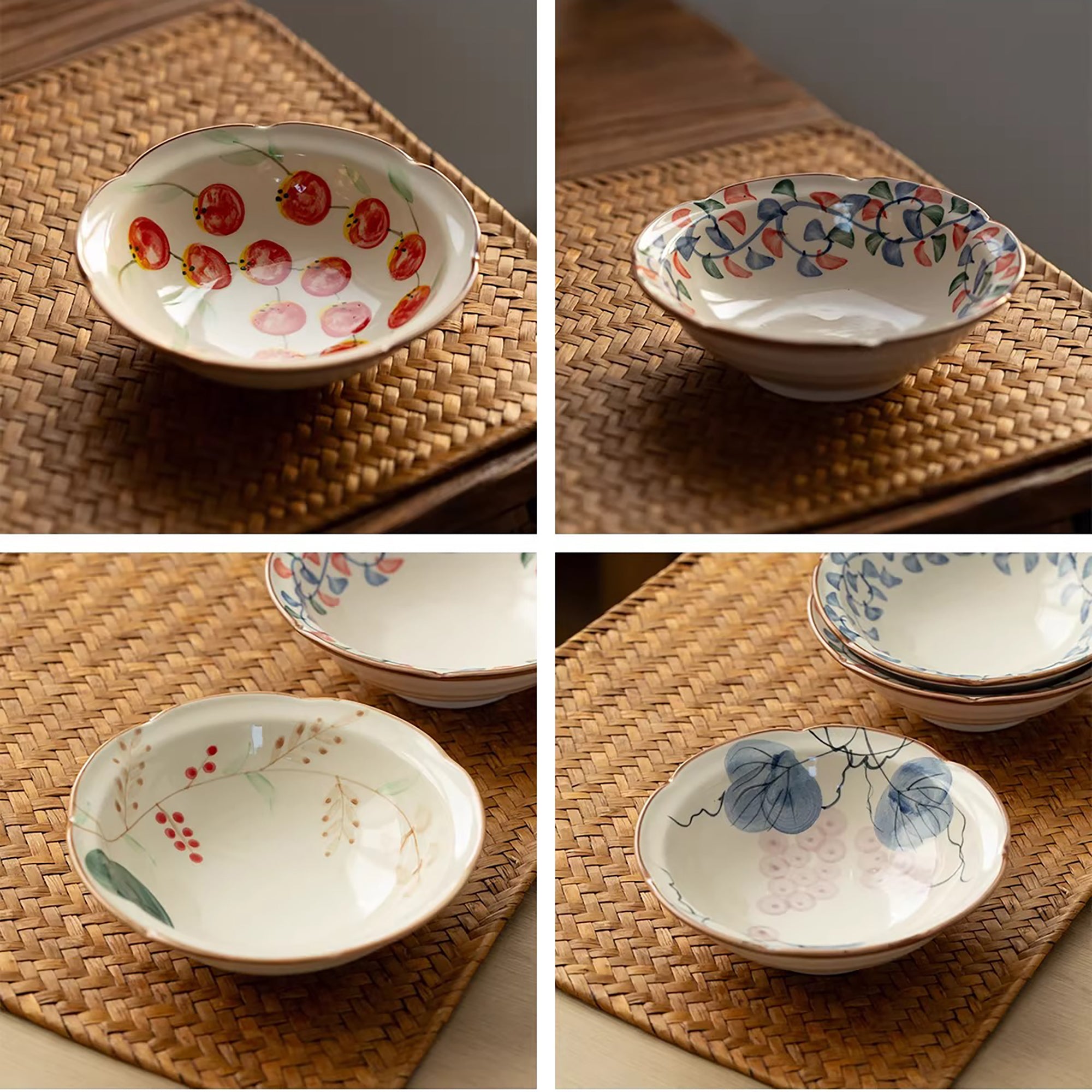 Assiette Minoyaki motif champêtre peinte à la main
