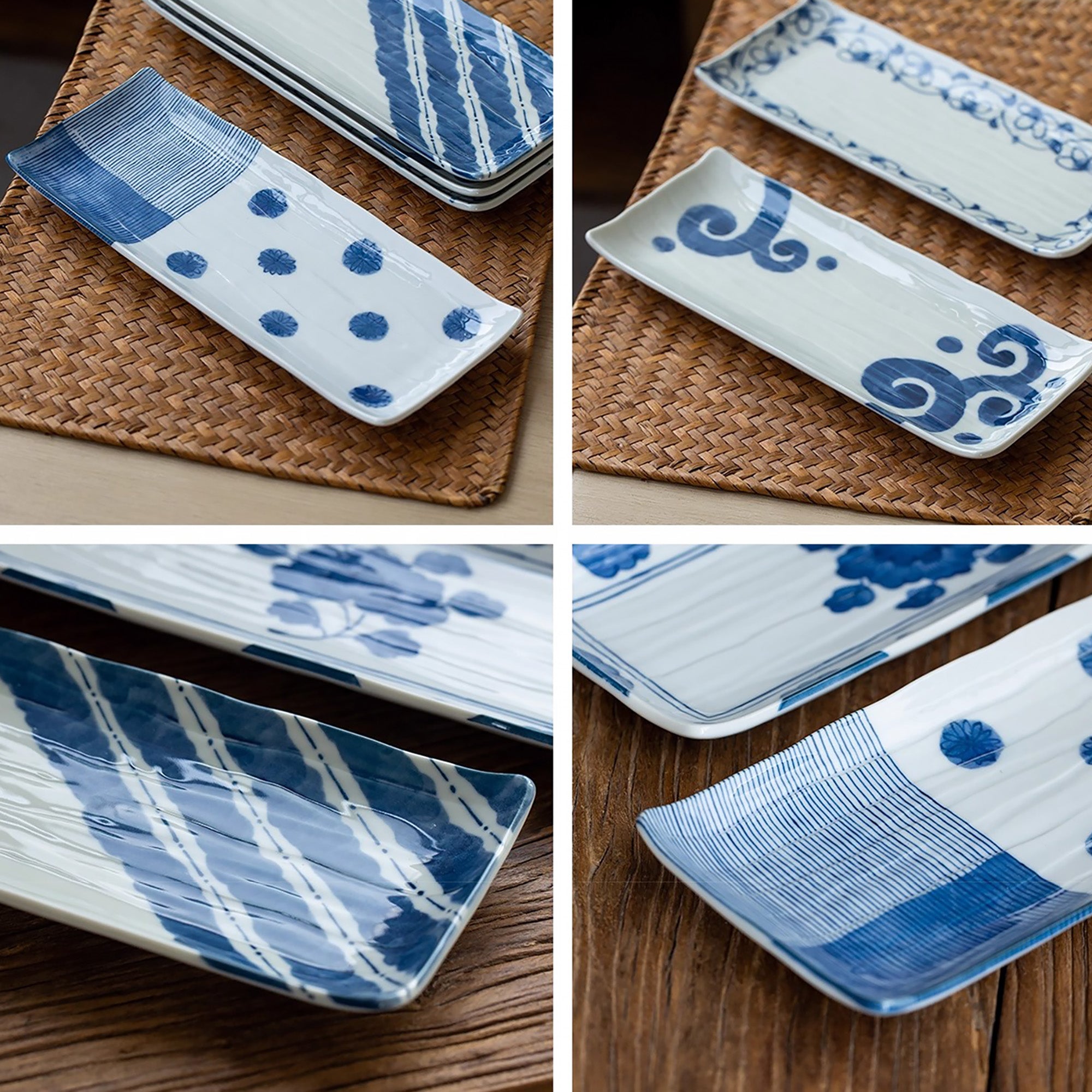 Assiettes rectangulaires Mino-yaki – série bleue motif Karakusa