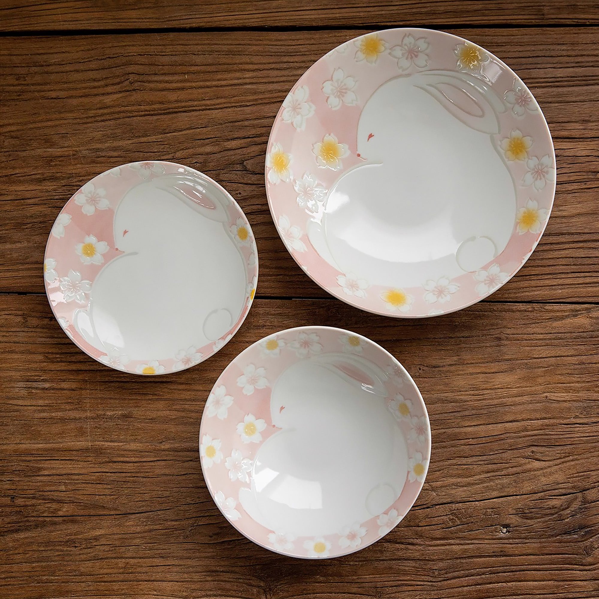 Assiette Mino-yaki avec motif lapin et fleurs de cerisie