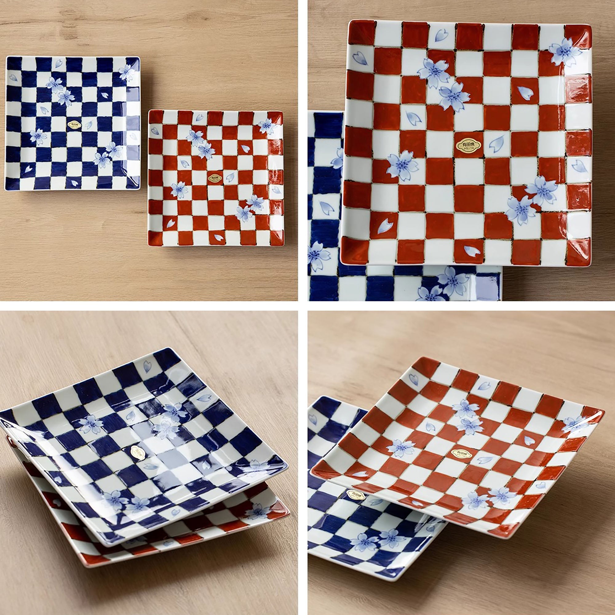 Assiette carrée en porcelaine Arita-yaki avec motif damier peint à la main