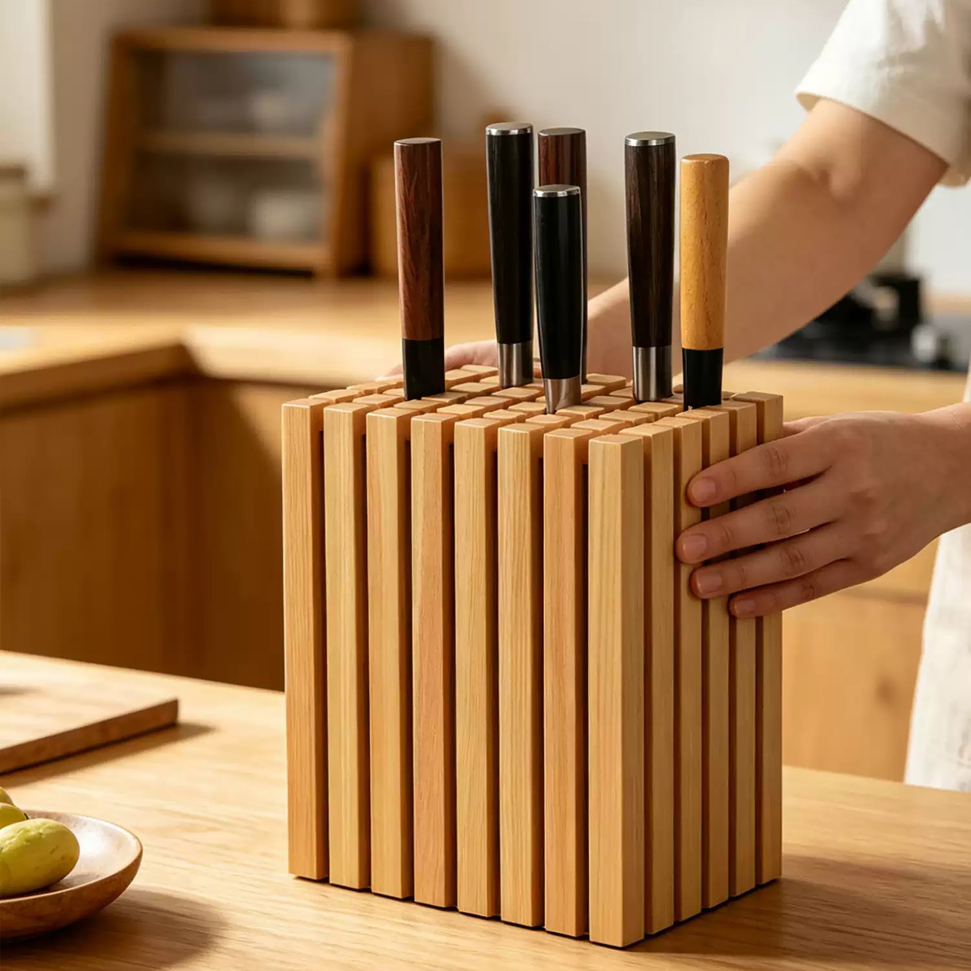 Bloc à couteaux japonais géométrique en bois Hinoki