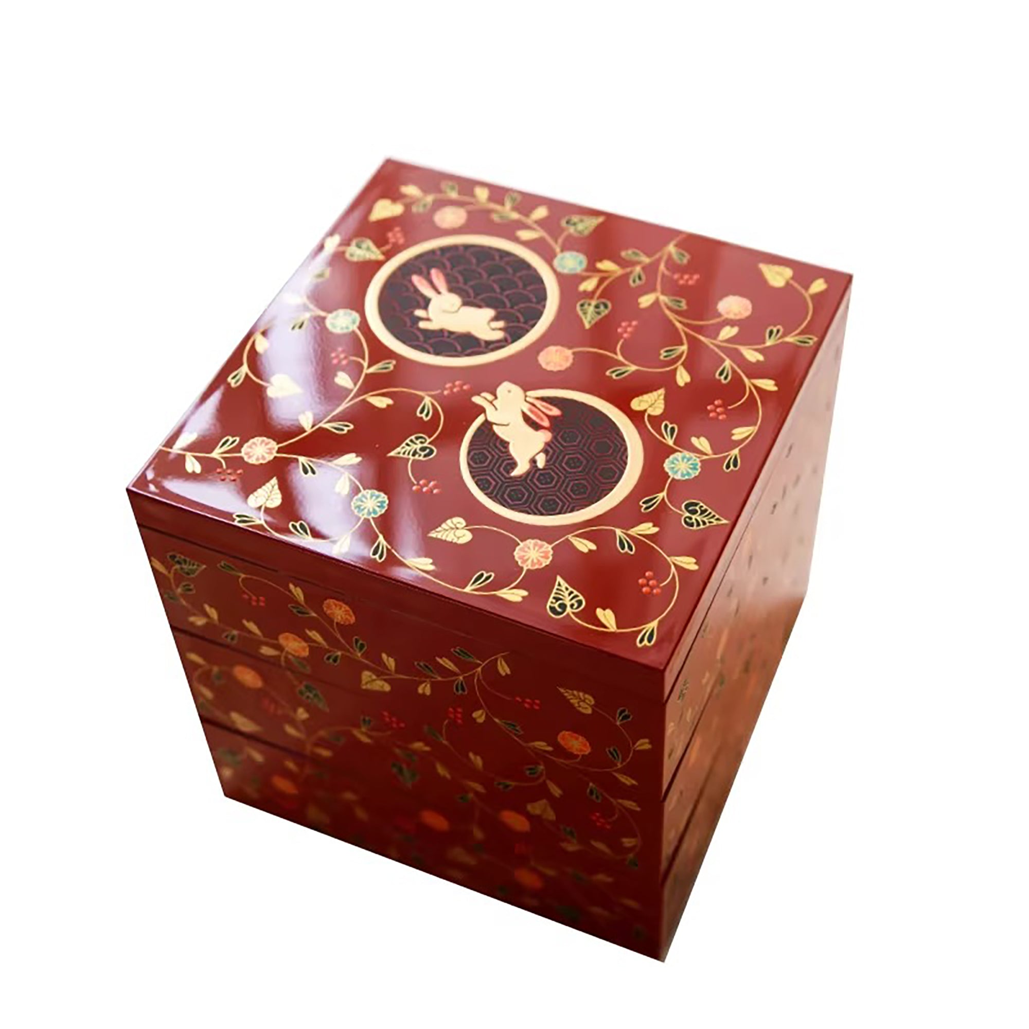 Boîte de rangement japonaise en laque Yamanaka à trois niveaux motif lapin
