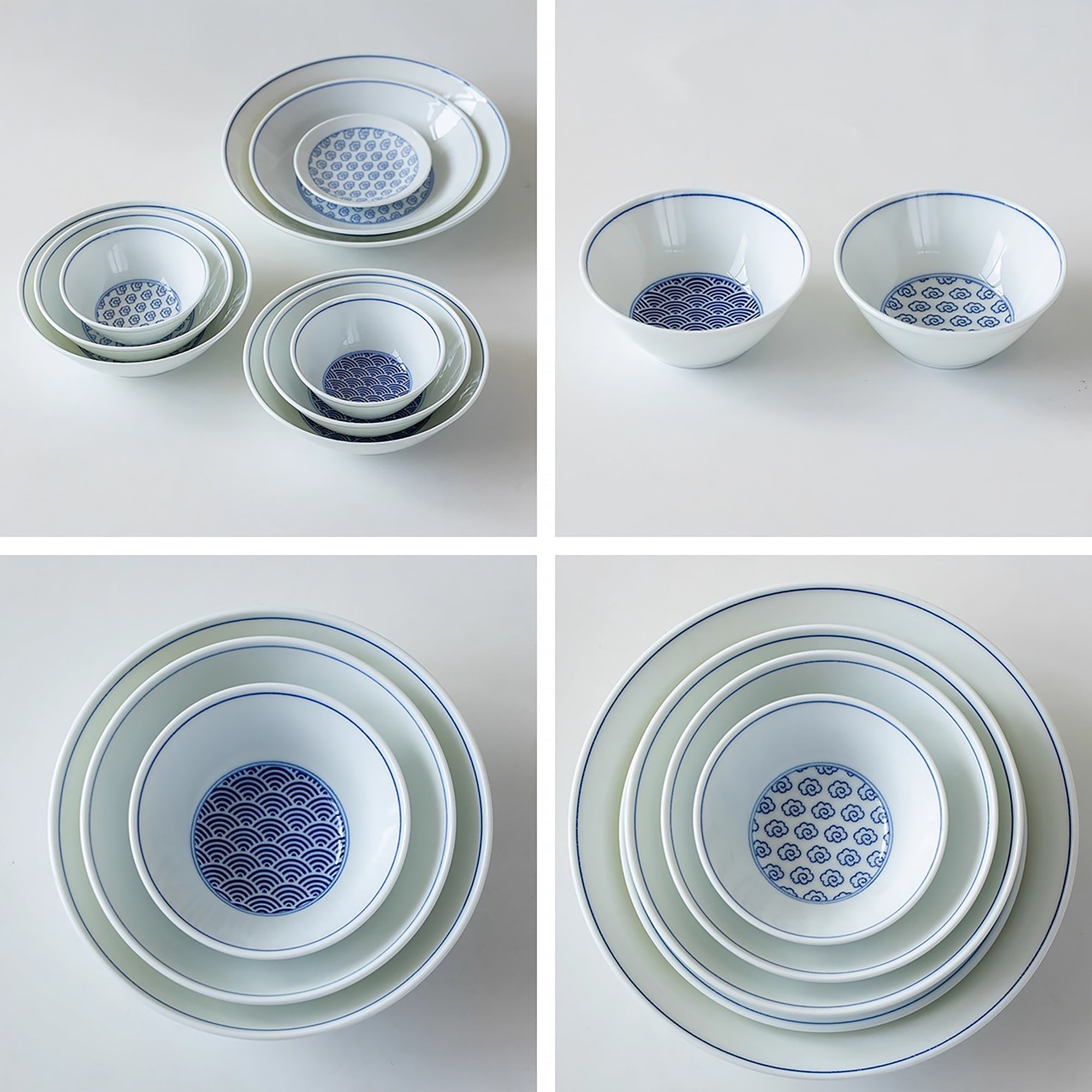 Vaisselle Minoyaki avec motifs Seigaiha et nuages bleus