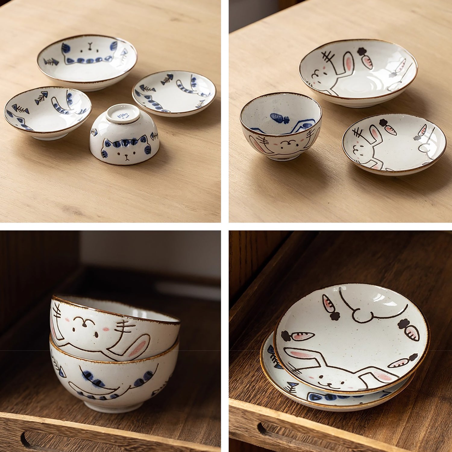Vaisselle Mino-yaki avec mignon motif chat et lapin