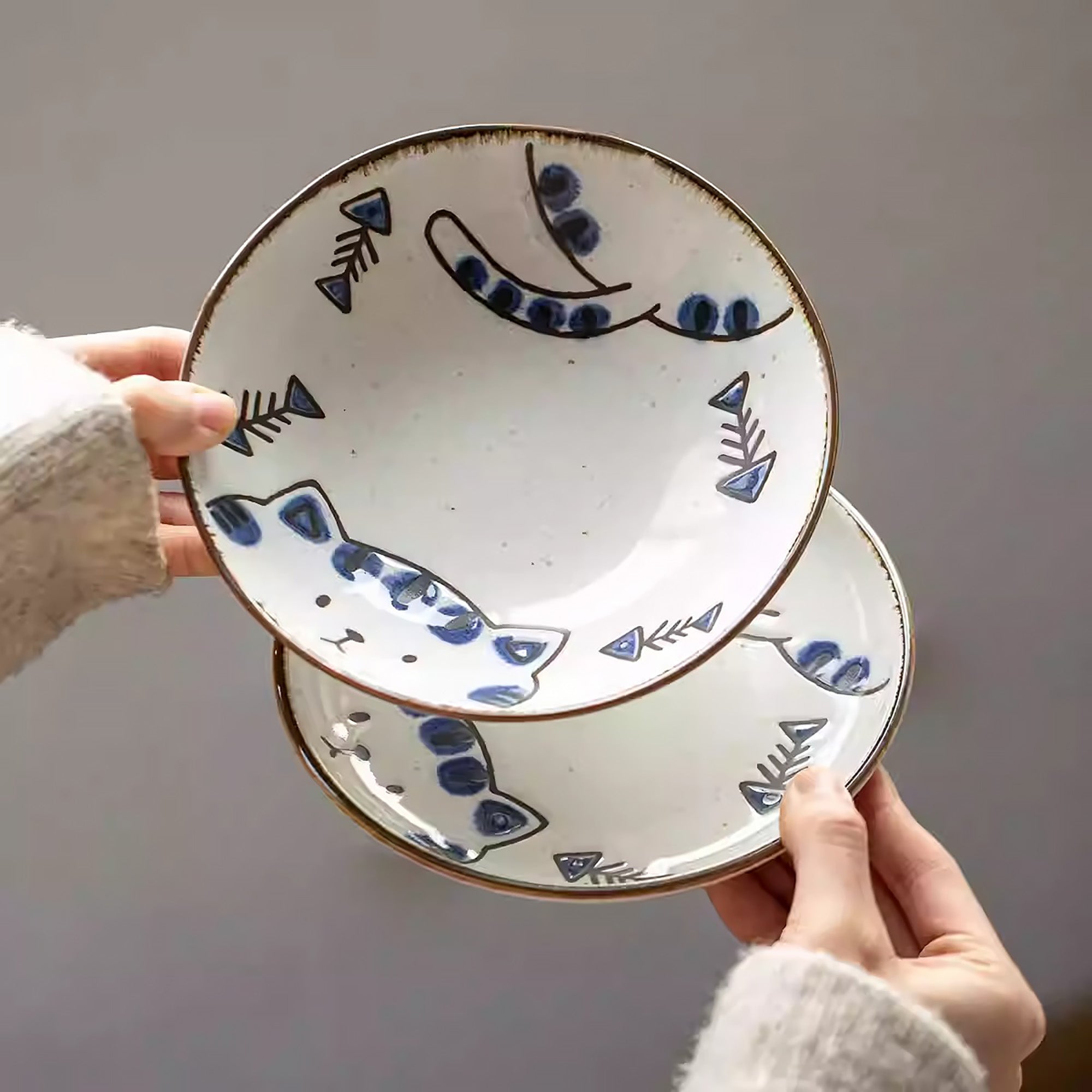 Vaisselle Mino-yaki avec mignon motif chat et lapin