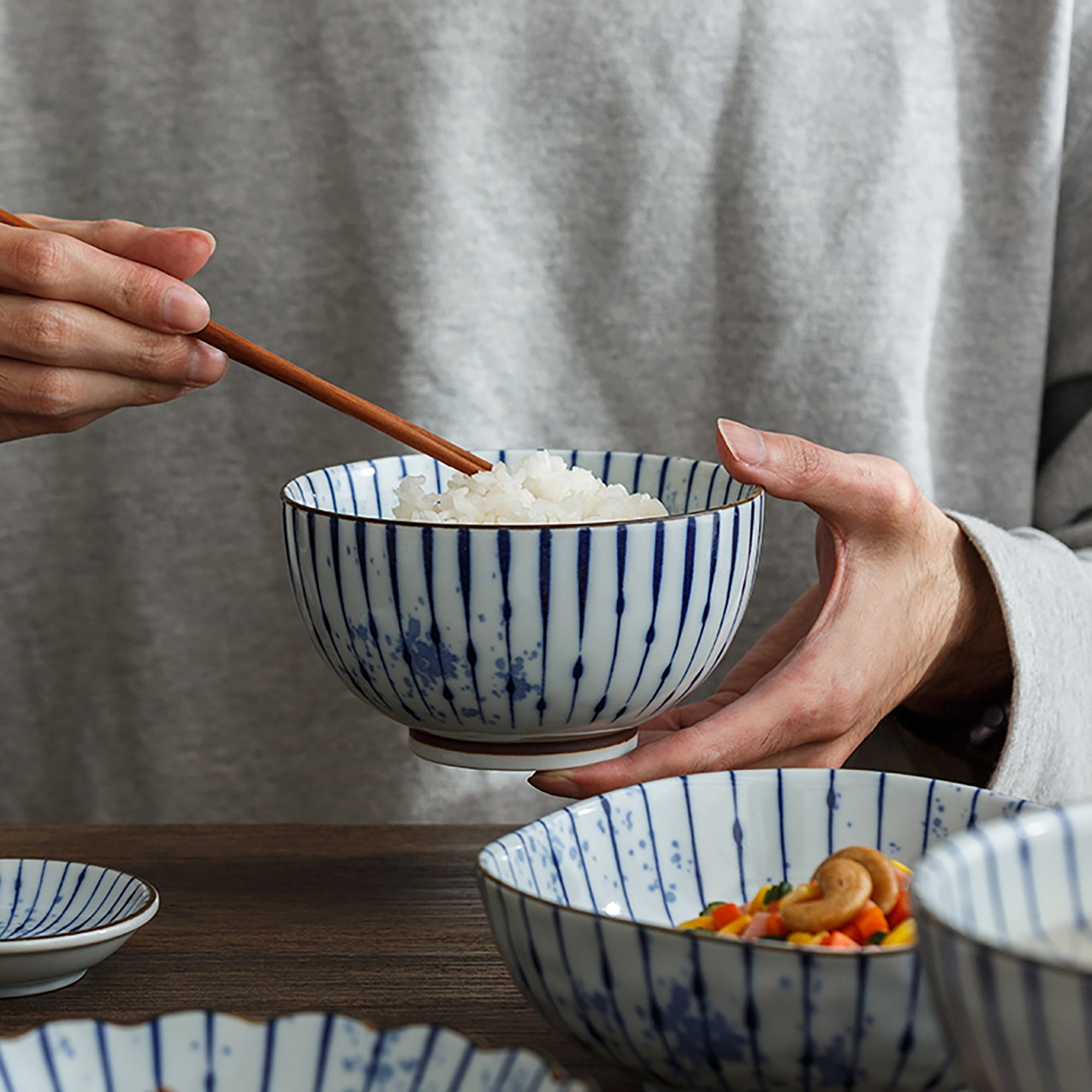 Handmade ceramic bowls with ink blowing pattern
