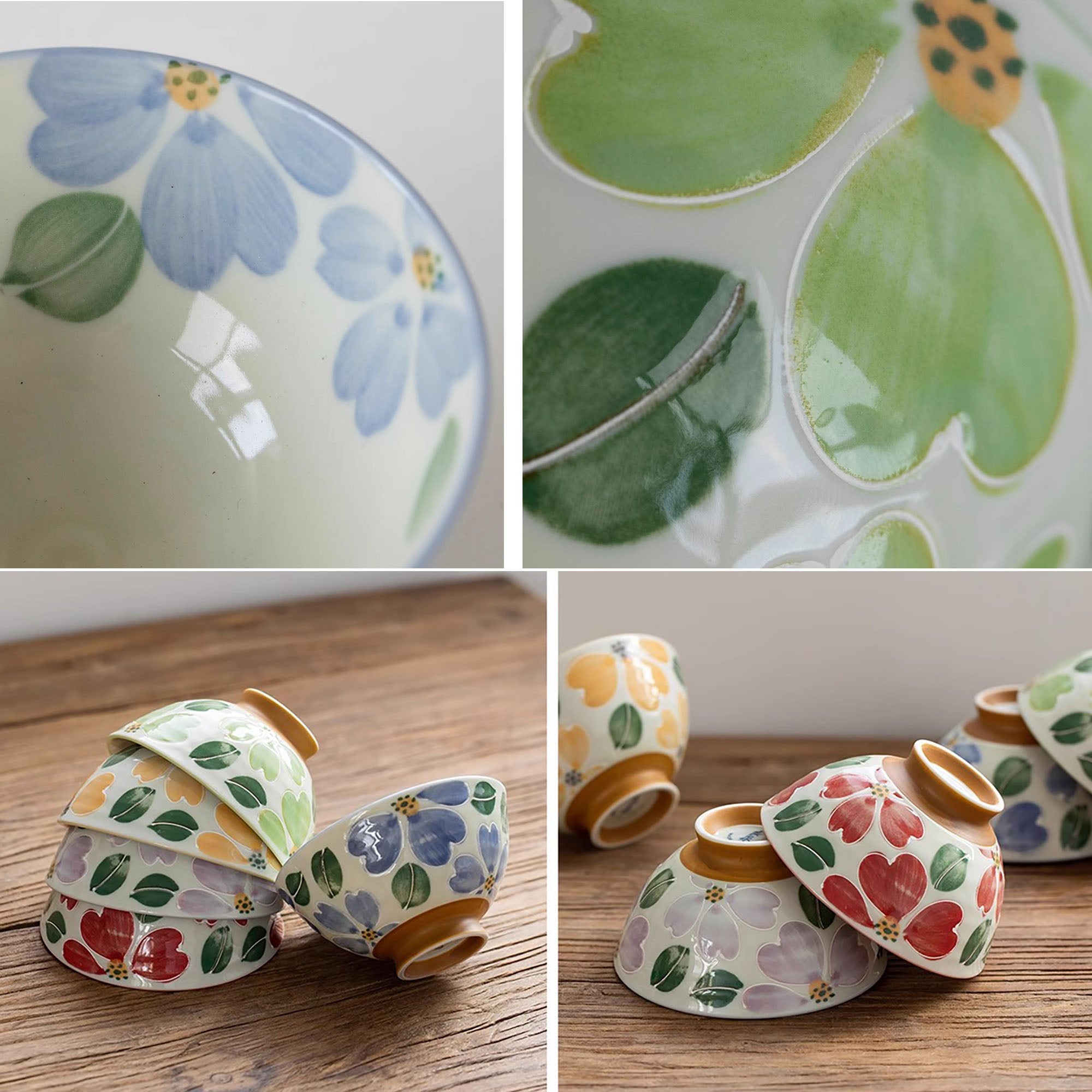 Minoyaki ceramic bowl with colorful flowers pattern