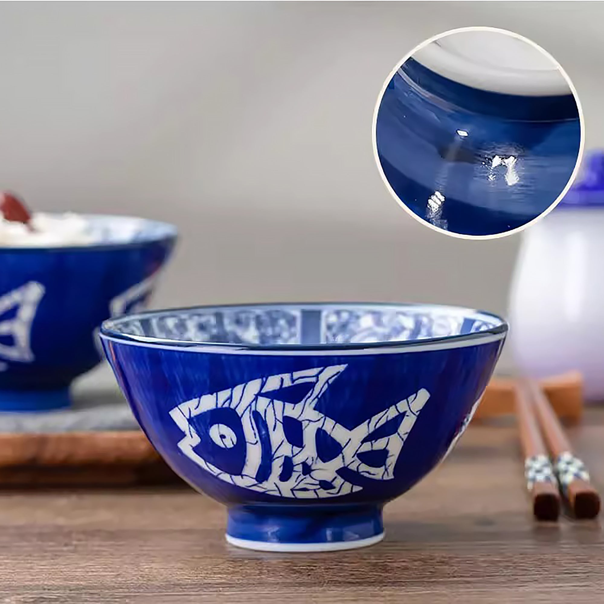 Bol Minoyaki motif poisson bleu et blanc