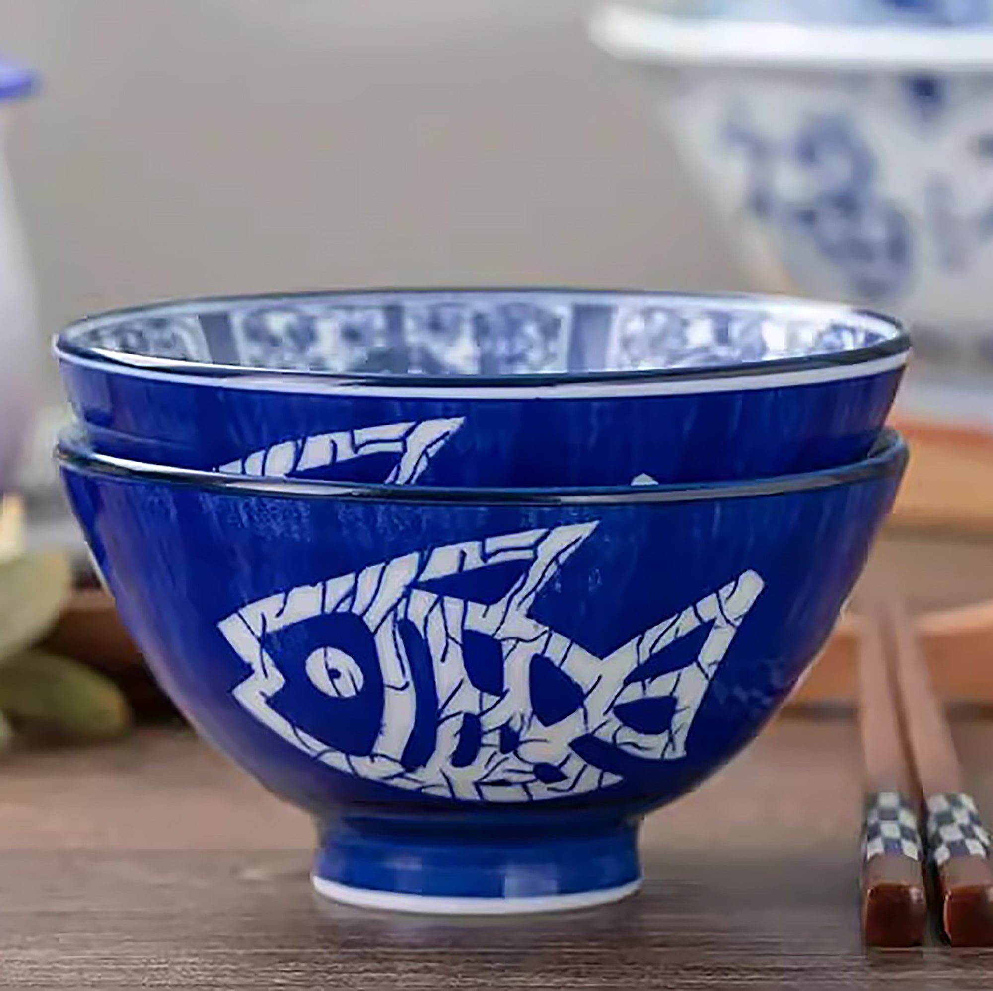 Bol Minoyaki motif poisson bleu et blanc