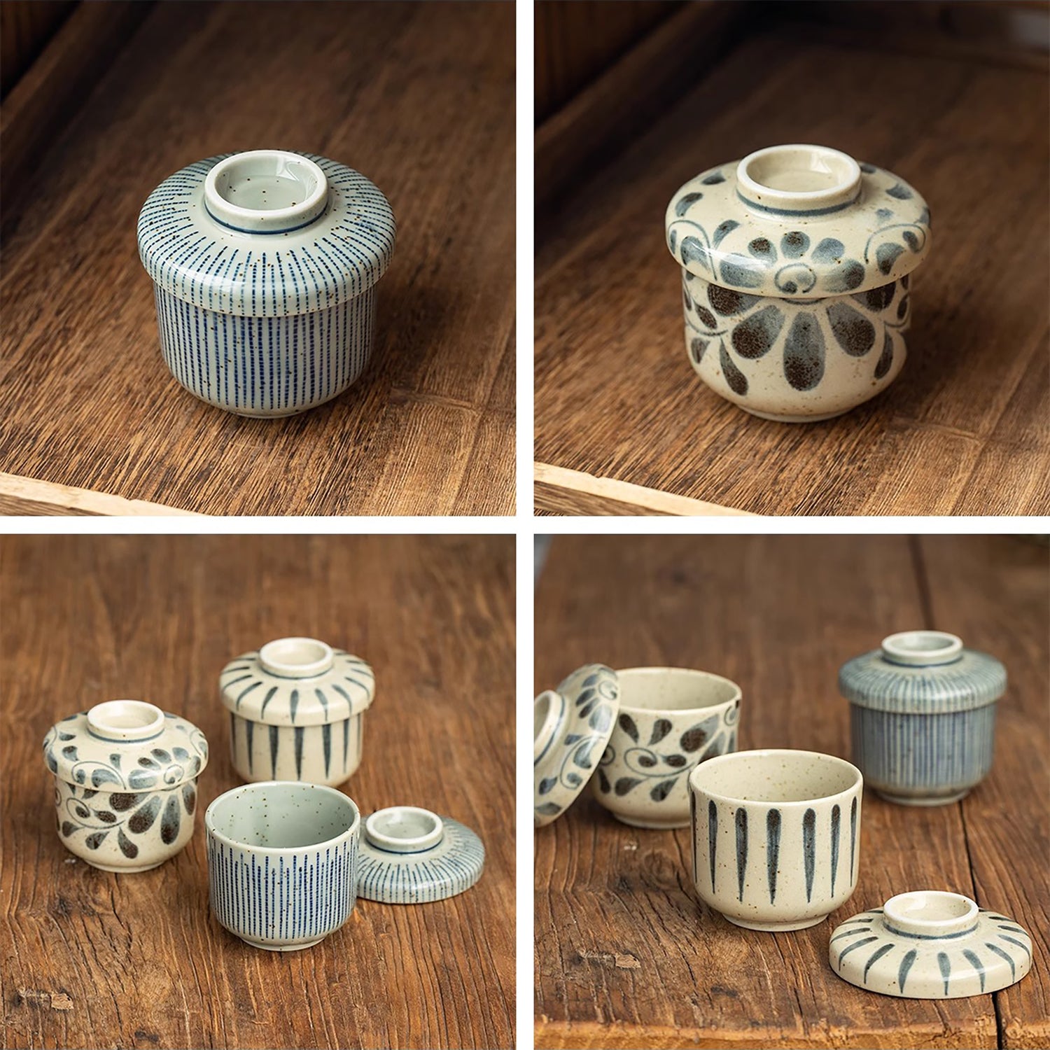 Bol en céramique Mino-yaki avec couvercle et Motif Tokusa vintage