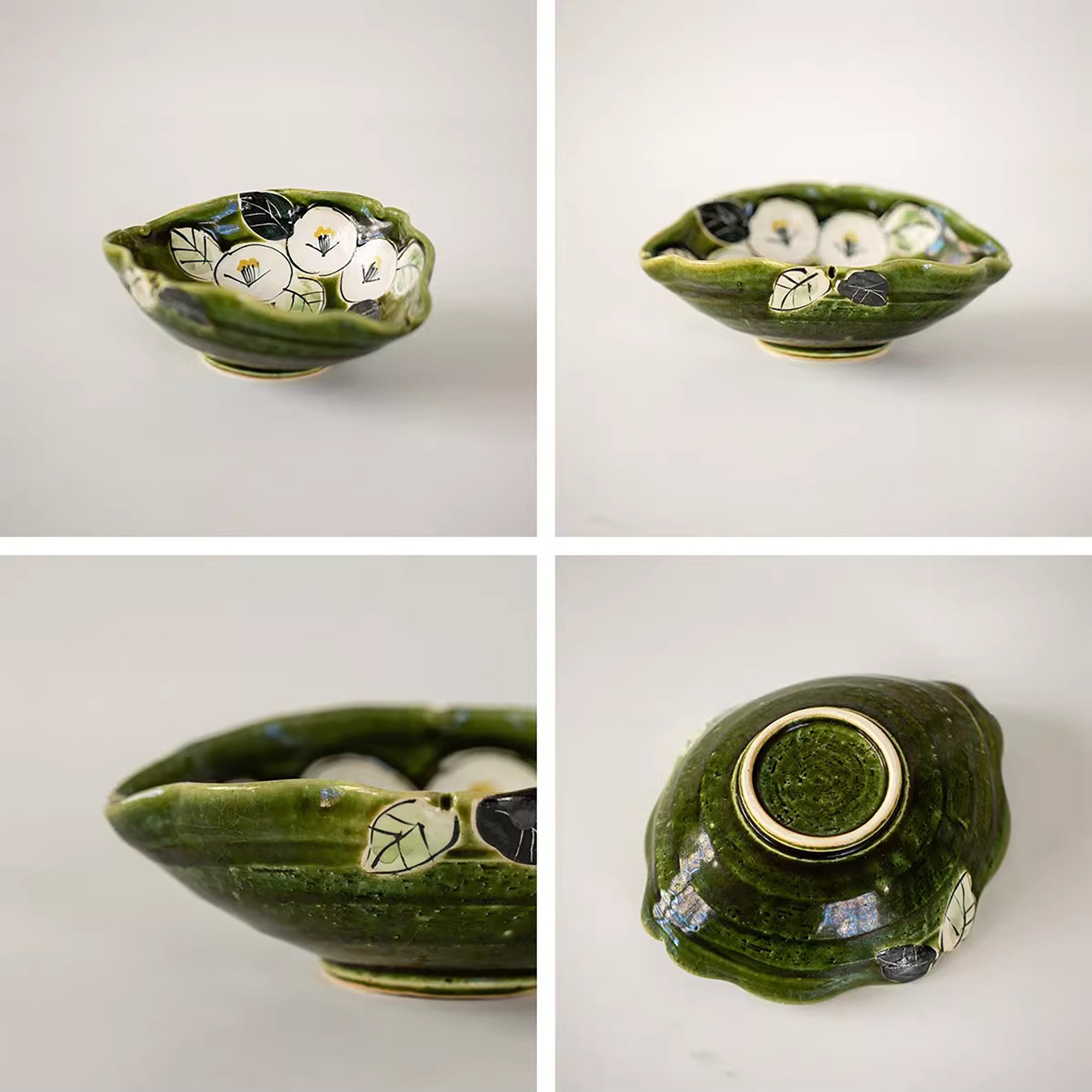 Bol Setoyaki Oribe vert motif camélia