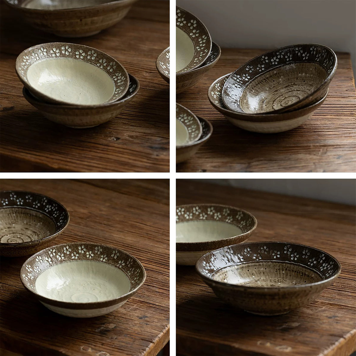 Bol artisanal en céramique style Wabi-Sabi avec Petites fleurs blanches