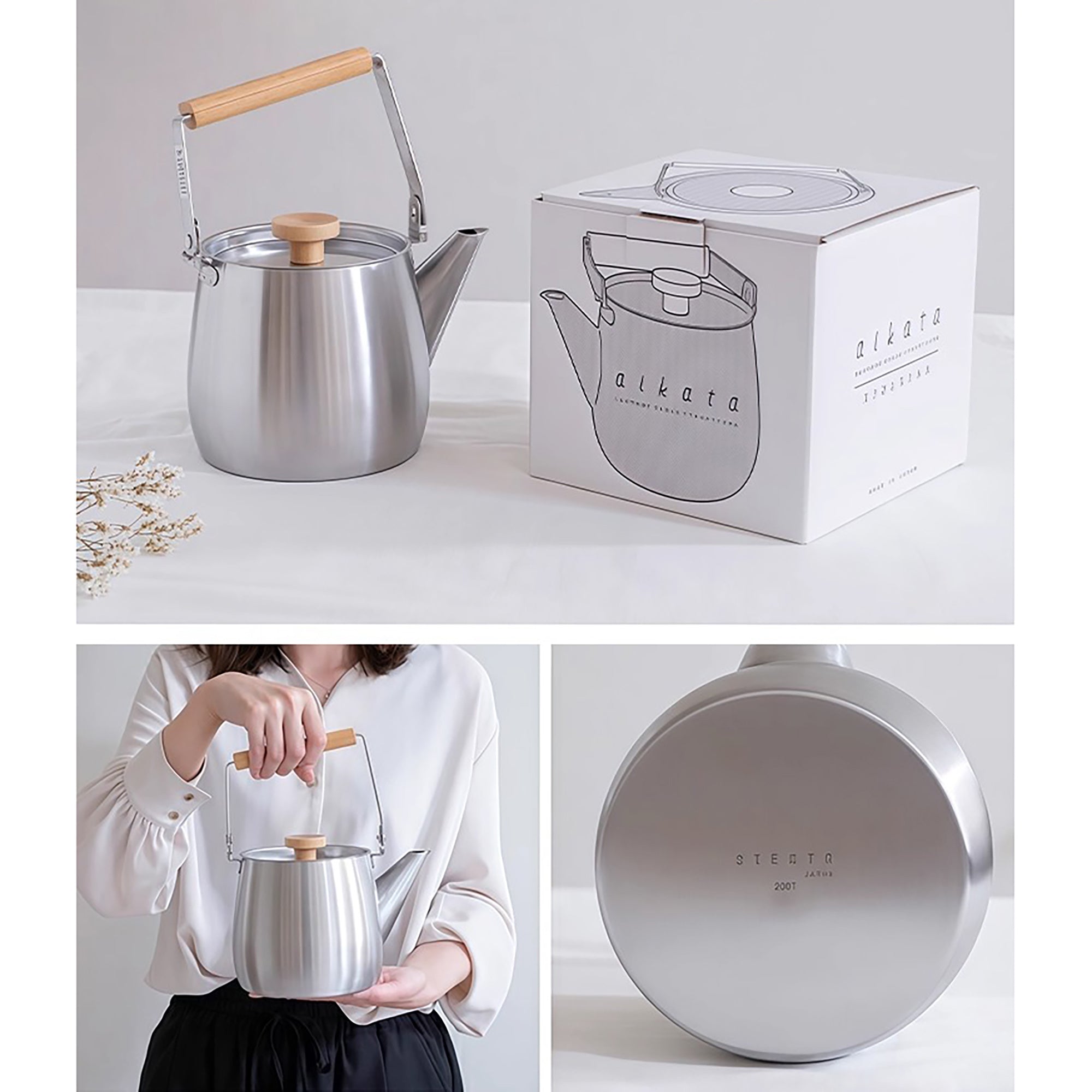 Bouilloire en acier inoxydable Yoshikawa avec poignée pliante en bois