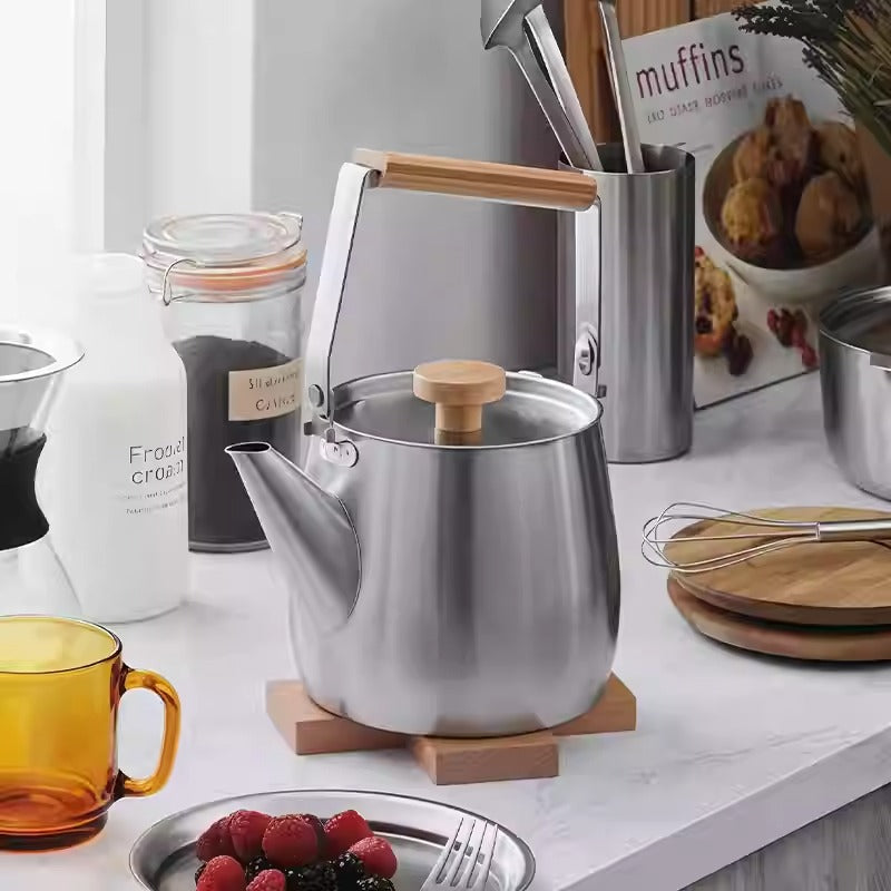 Bouilloire en acier inoxydable Yoshikawa avec poignée pliante en bois