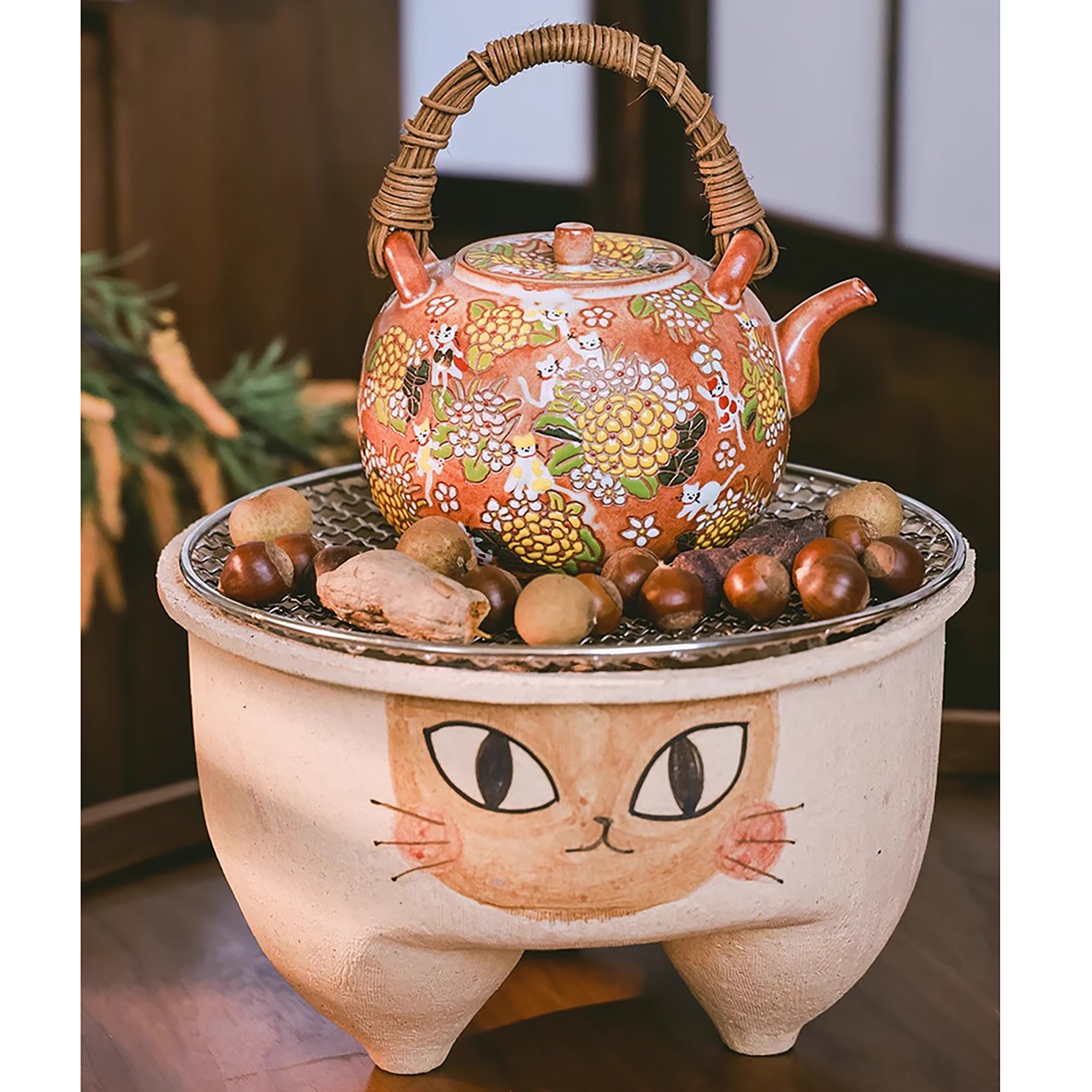 Réchaud de thé en grès brut de Jingdezhen avec motif chat à trois pattes