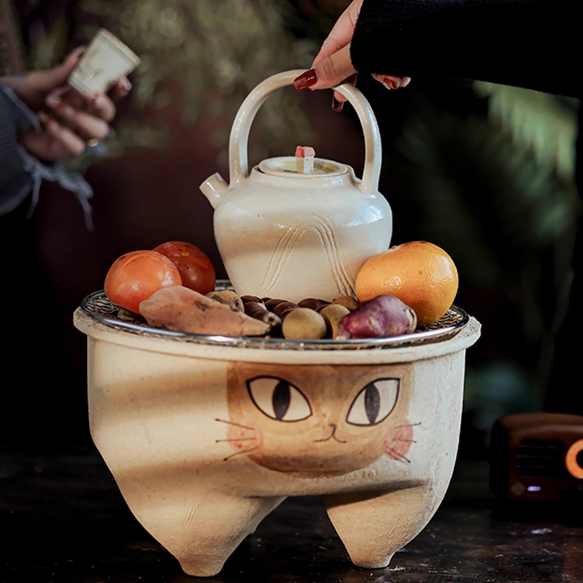 Réchaud de thé en grès brut de Jingdezhen avec motif chat à trois pattes
