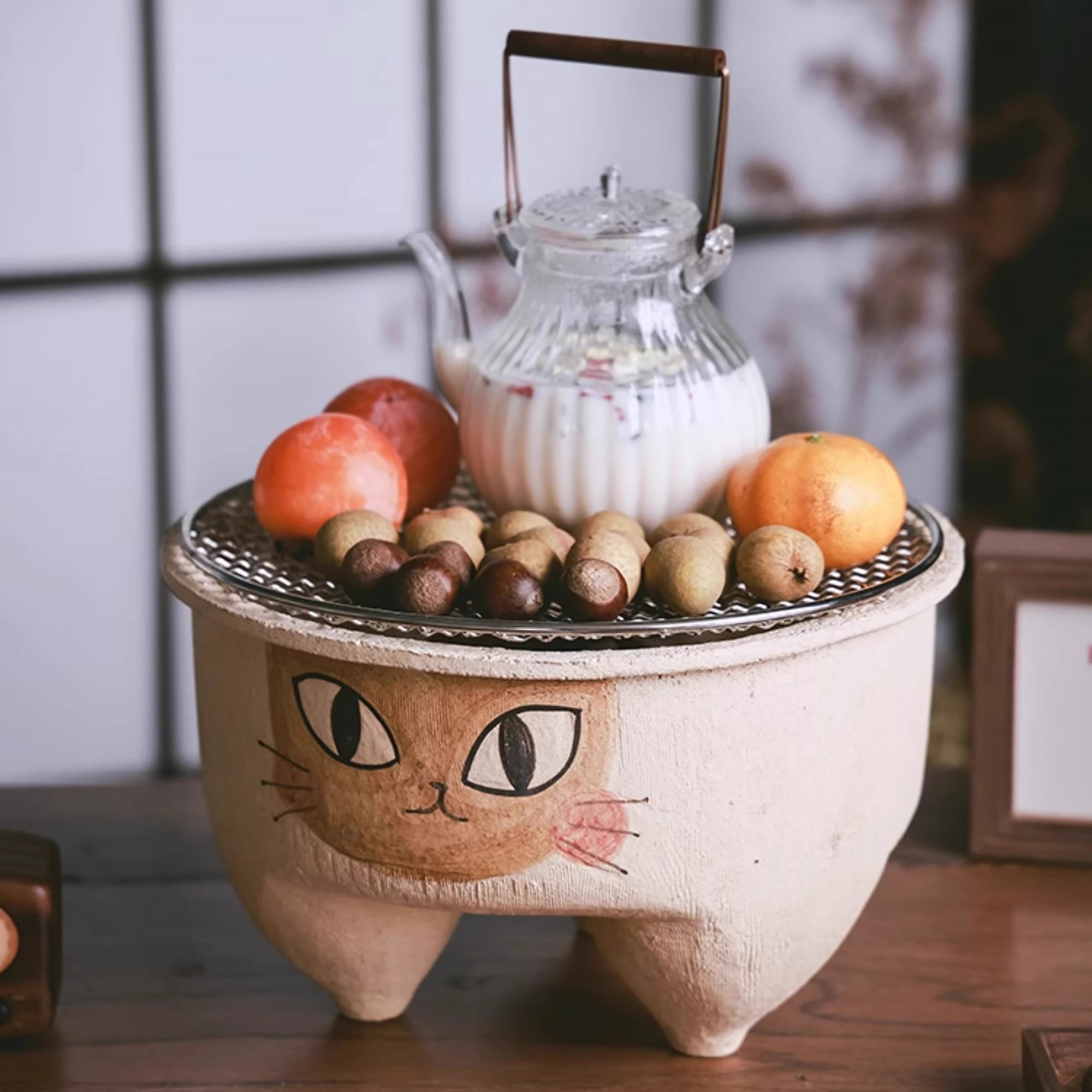 Réchaud de thé en grès brut de Jingdezhen avec motif chat à trois pattes