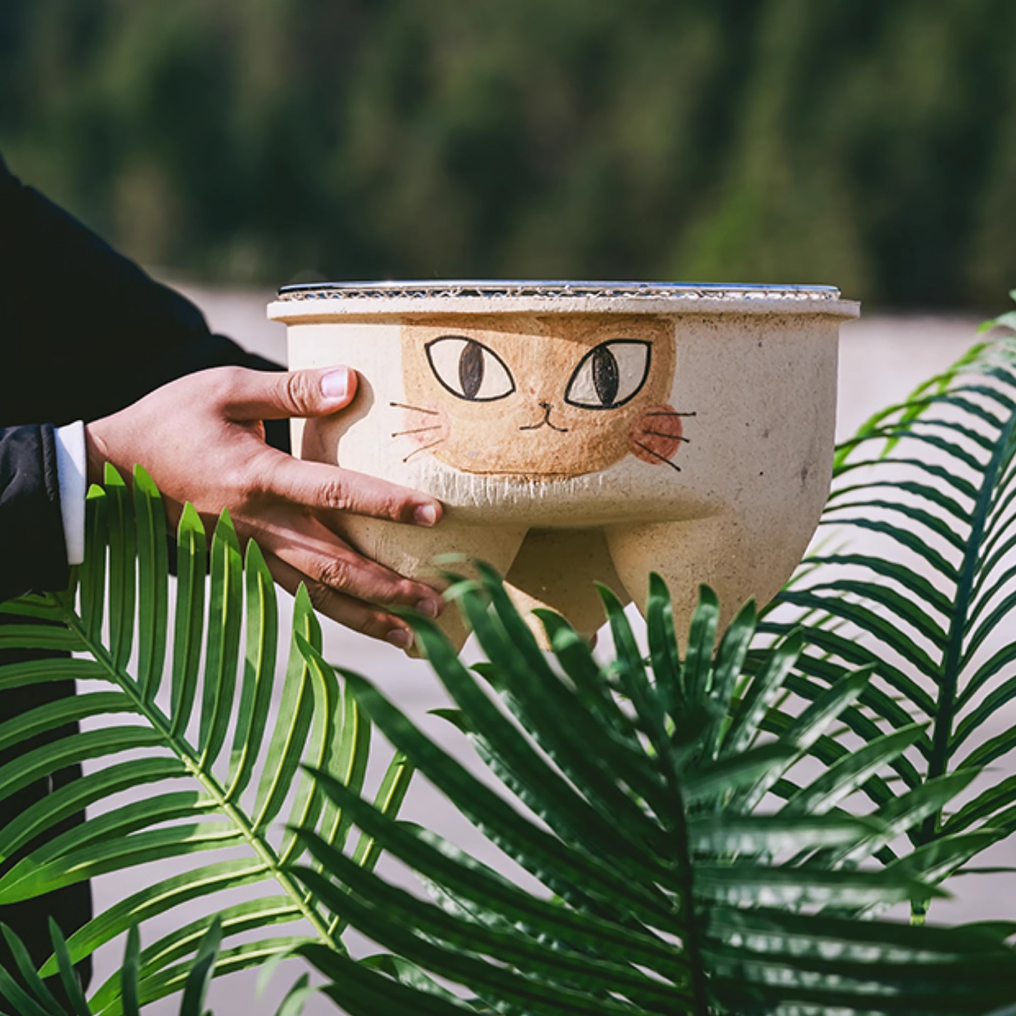 Réchaud de thé en grès brut de Jingdezhen avec motif chat à trois pattes