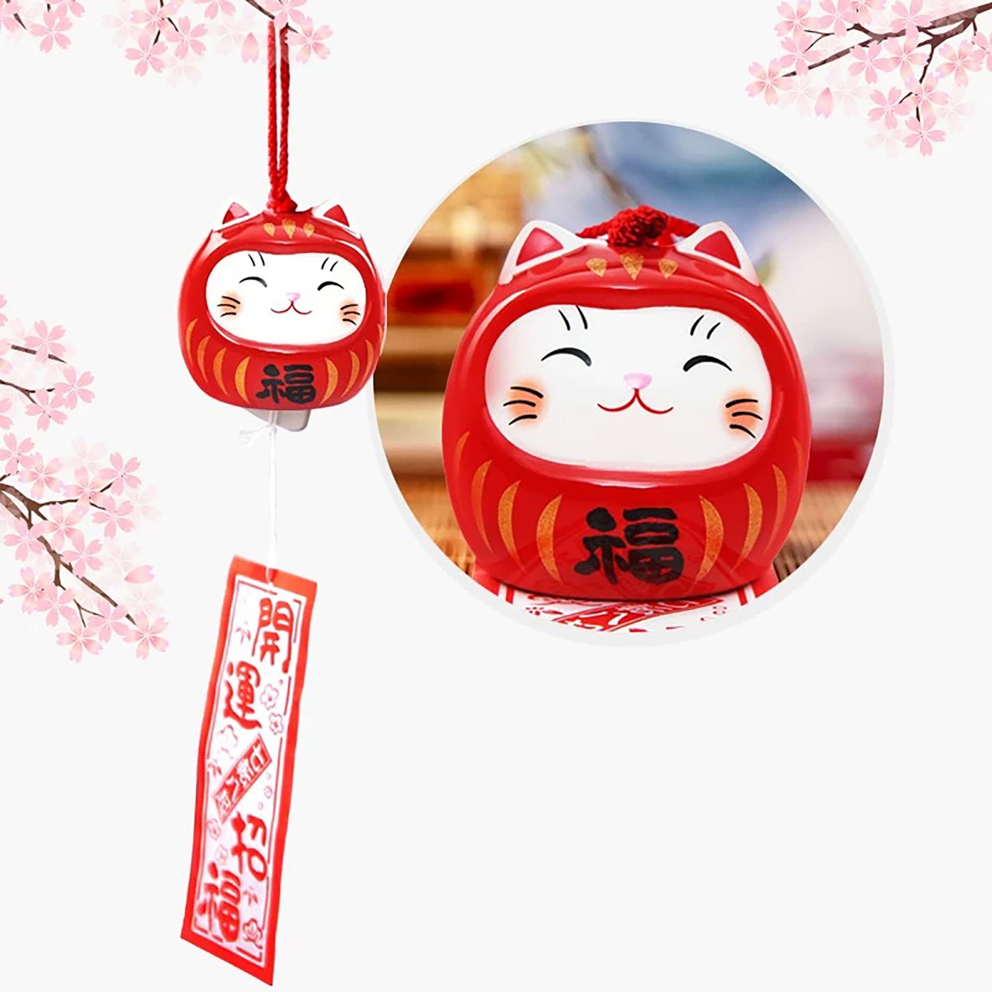 Carillon Maneki Neko Daruma en céramique Yakushigama