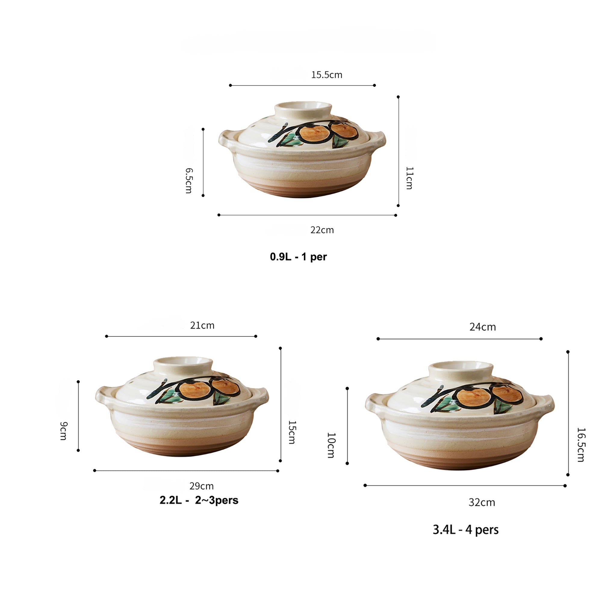 Cocotte japonaise Banko-yaki en terre cuite avec Motif kaki peint à la main