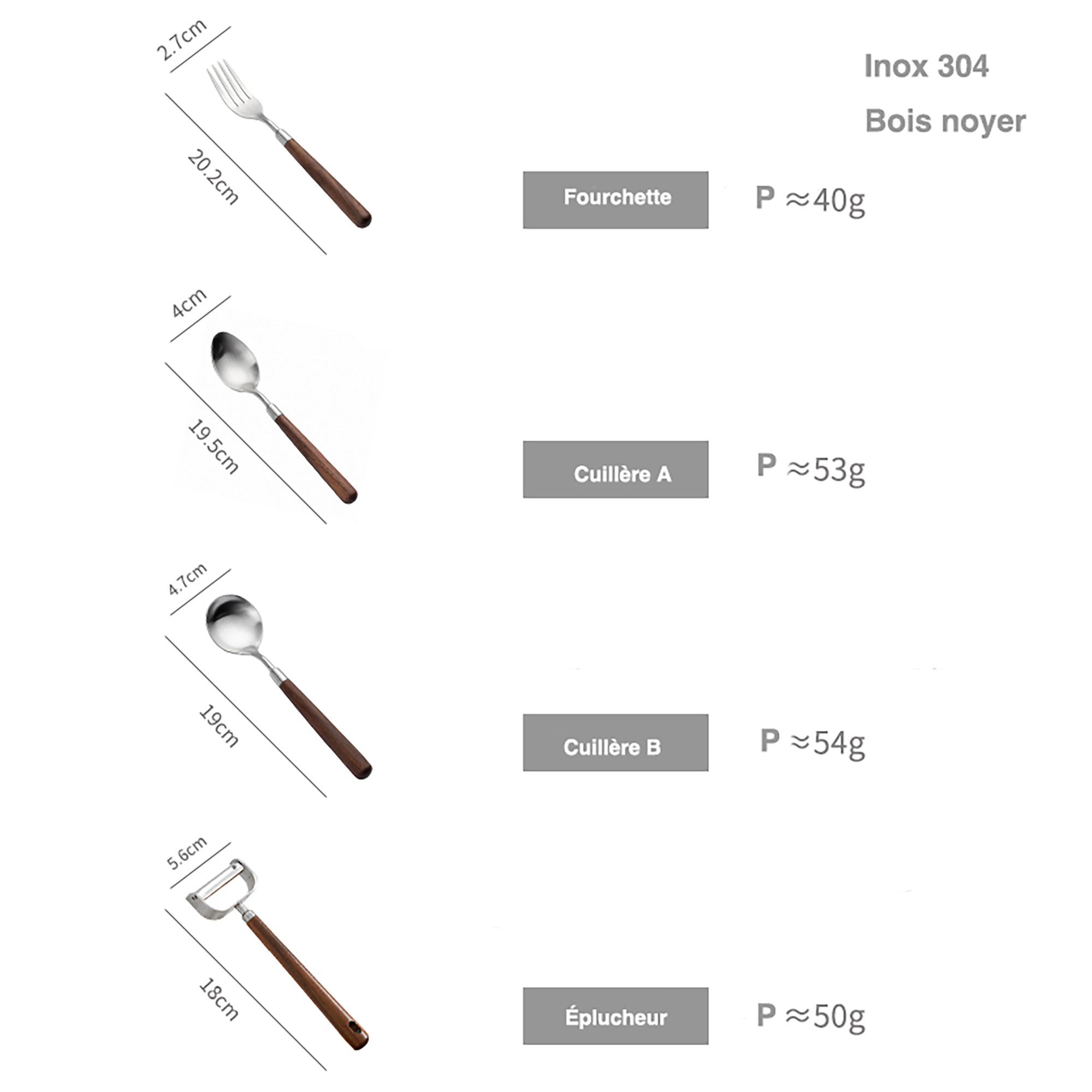 Couverts en acier inoxydable avec manche en noyer
