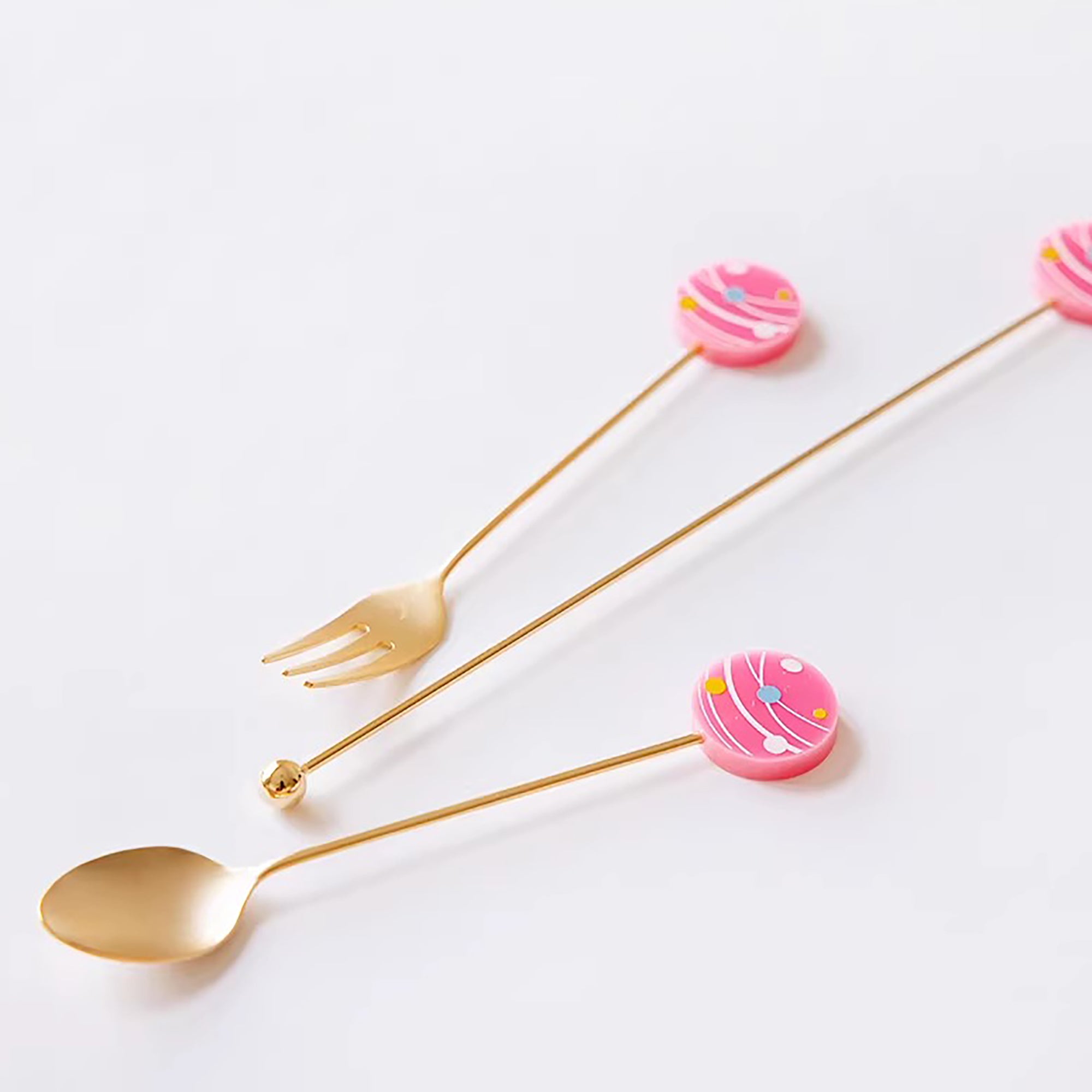 Cuillère et fourchette dessert inox doré Japon avec tige décorative