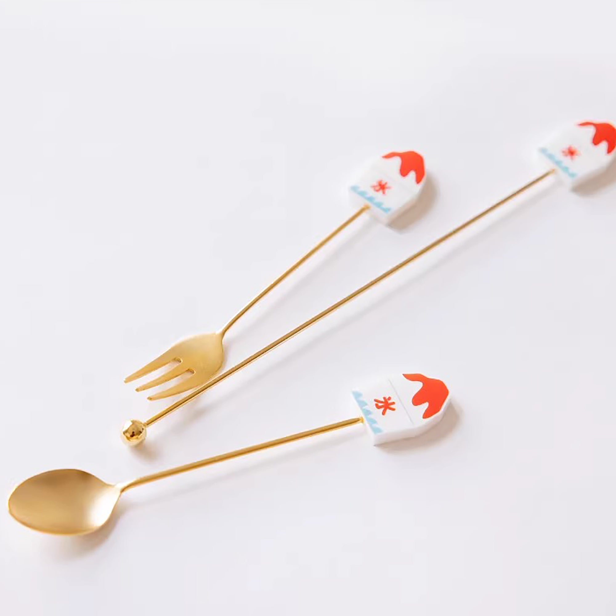 Cuillère et fourchette dessert inox doré Japon avec tige décorative