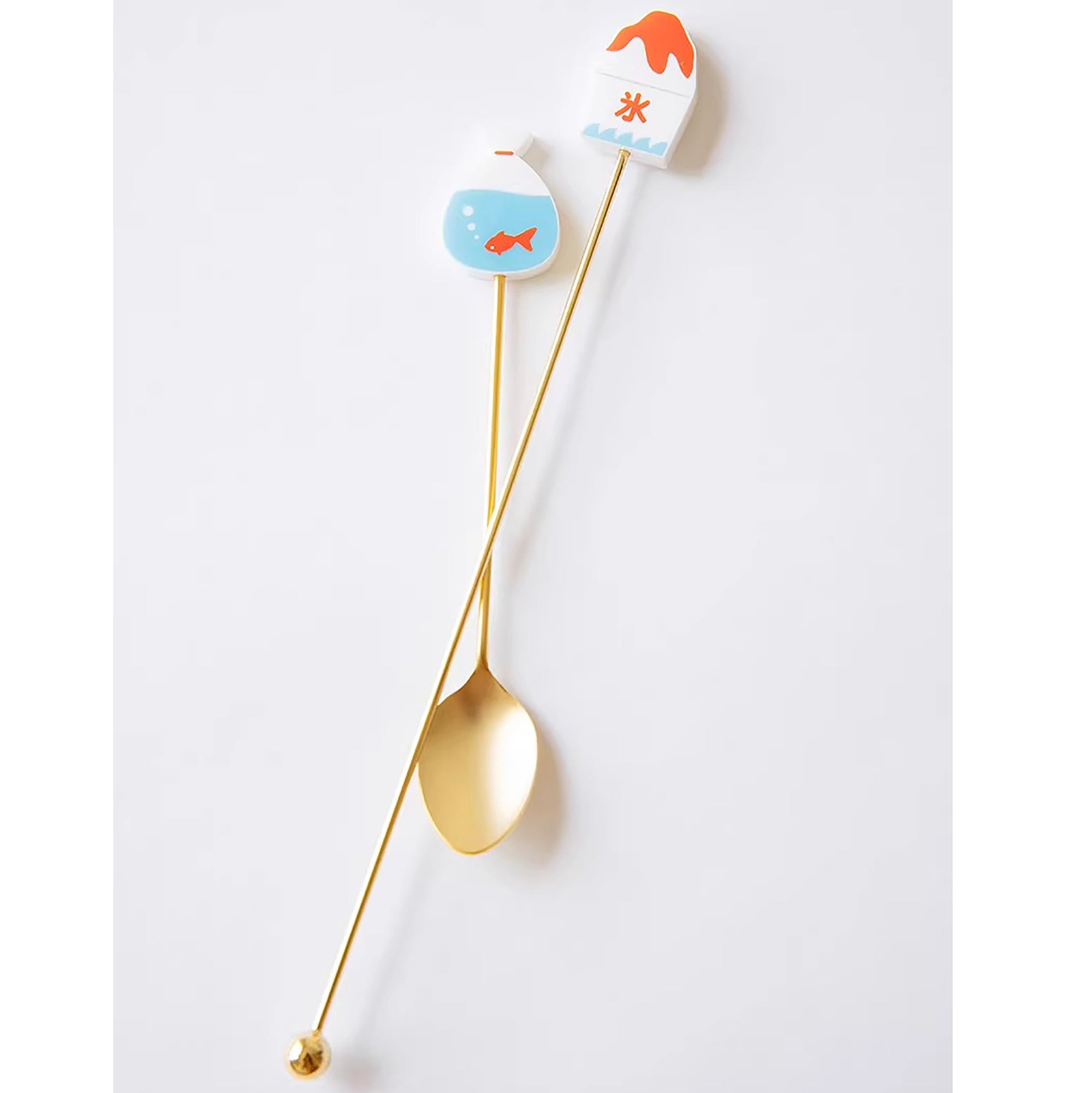 Cuillère et fourchette dessert inox doré Japon avec tige décorative