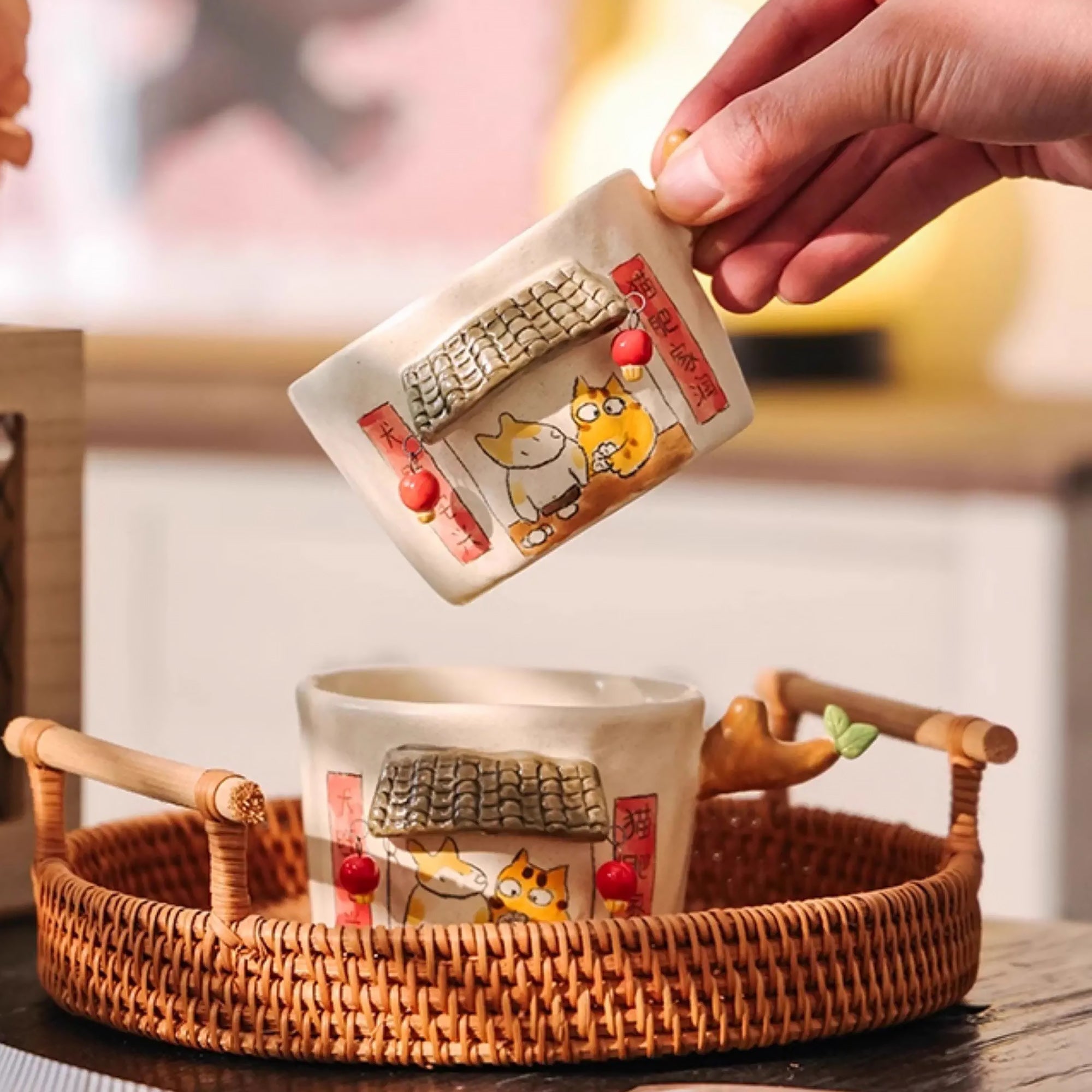 Tasse à café artisanale en céramique avec Anse en forme de branche