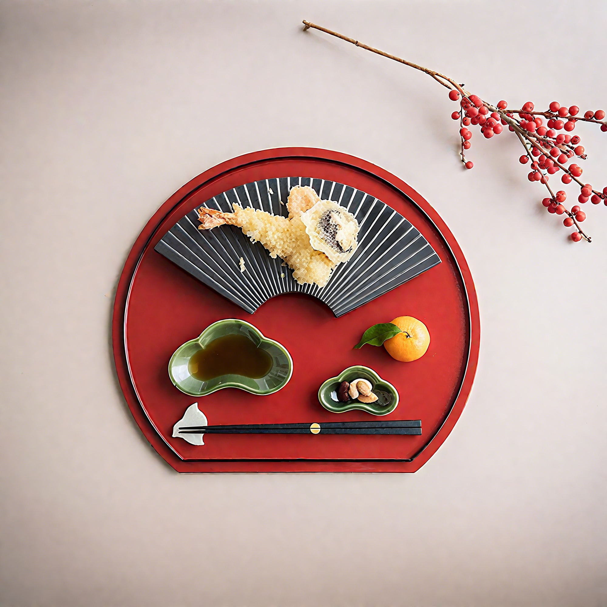 Plateau demi-lune japonais en laque Kishu