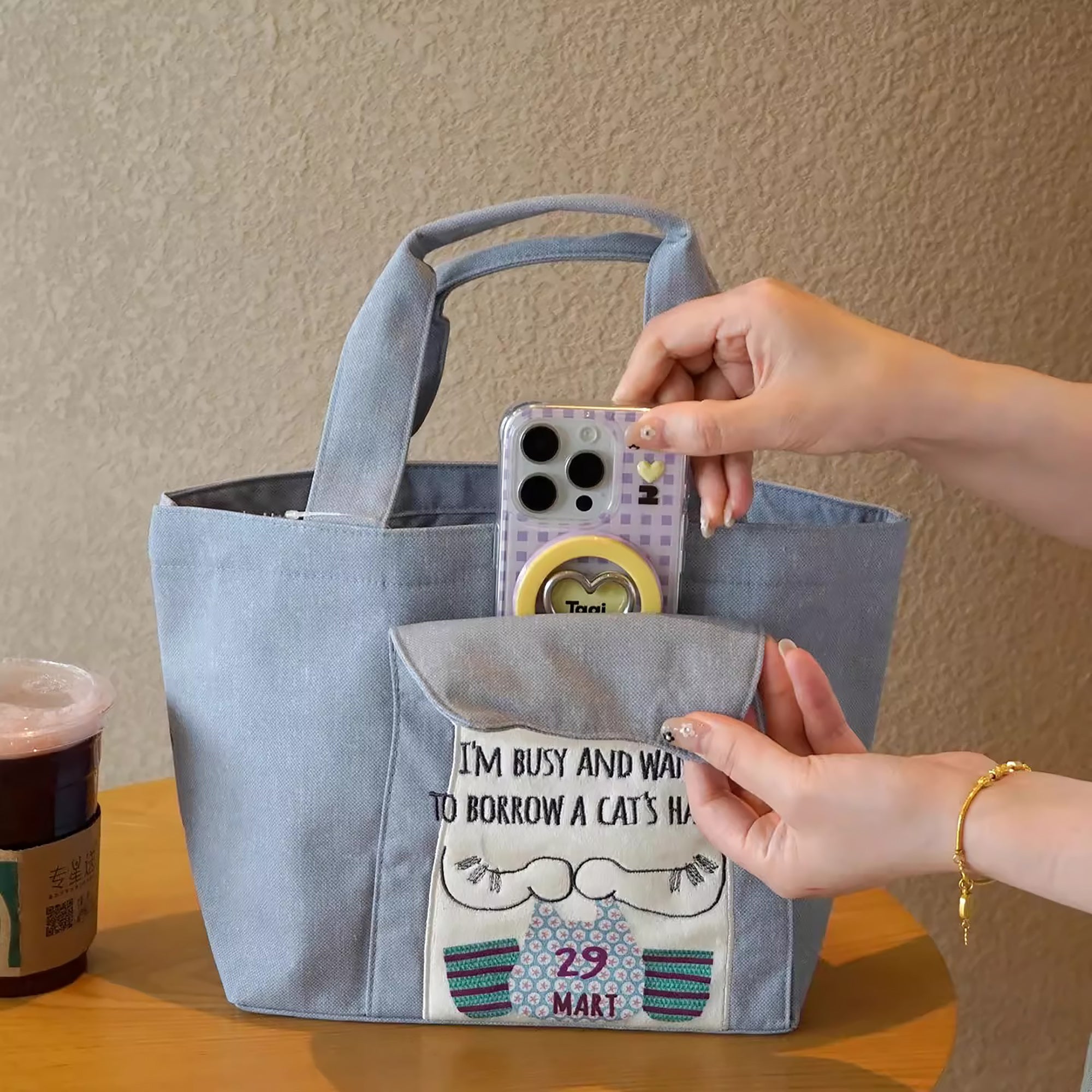 Sac à main chat Kusuguru avec poches intérieures