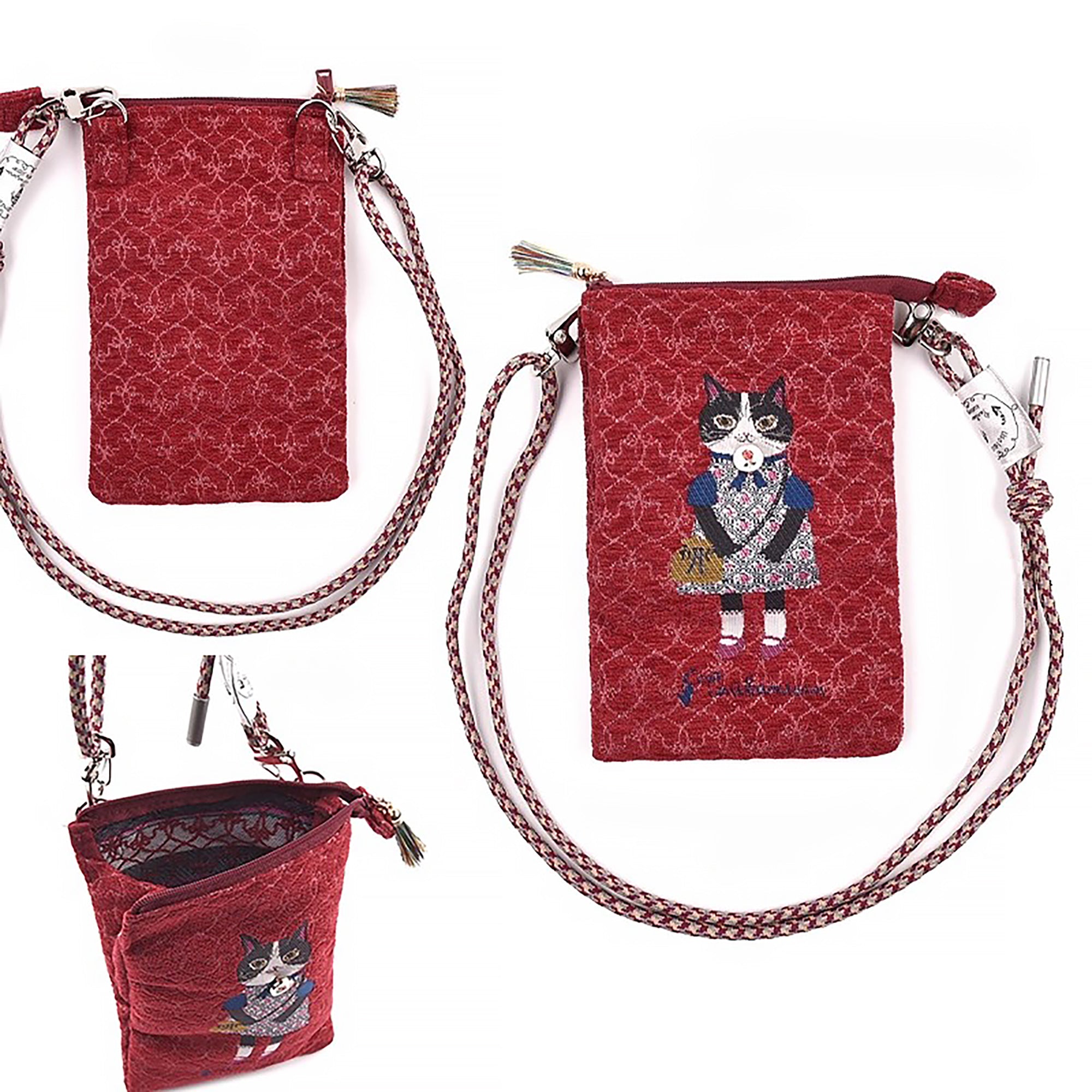Sac bandoulière Kusuguru en jacquard avec motif chat brodé