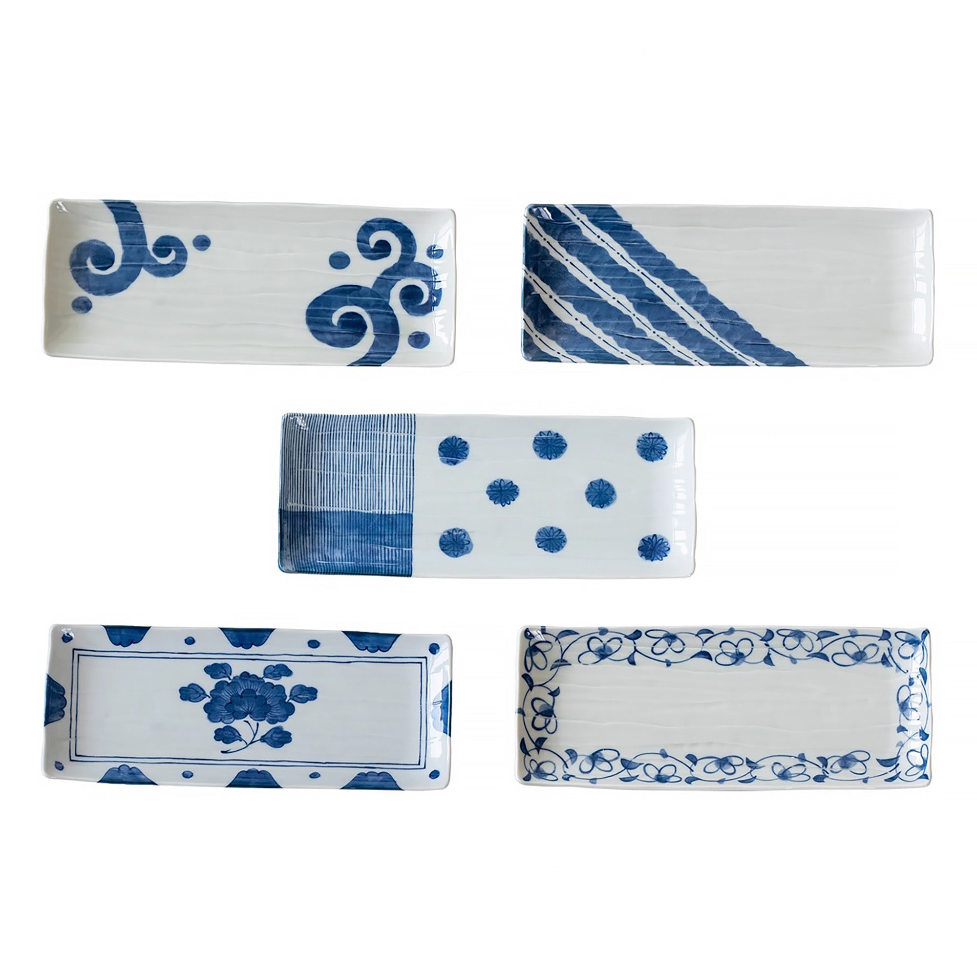 Assiettes rectangulaires Mino-yaki – série bleue motif Karakusa