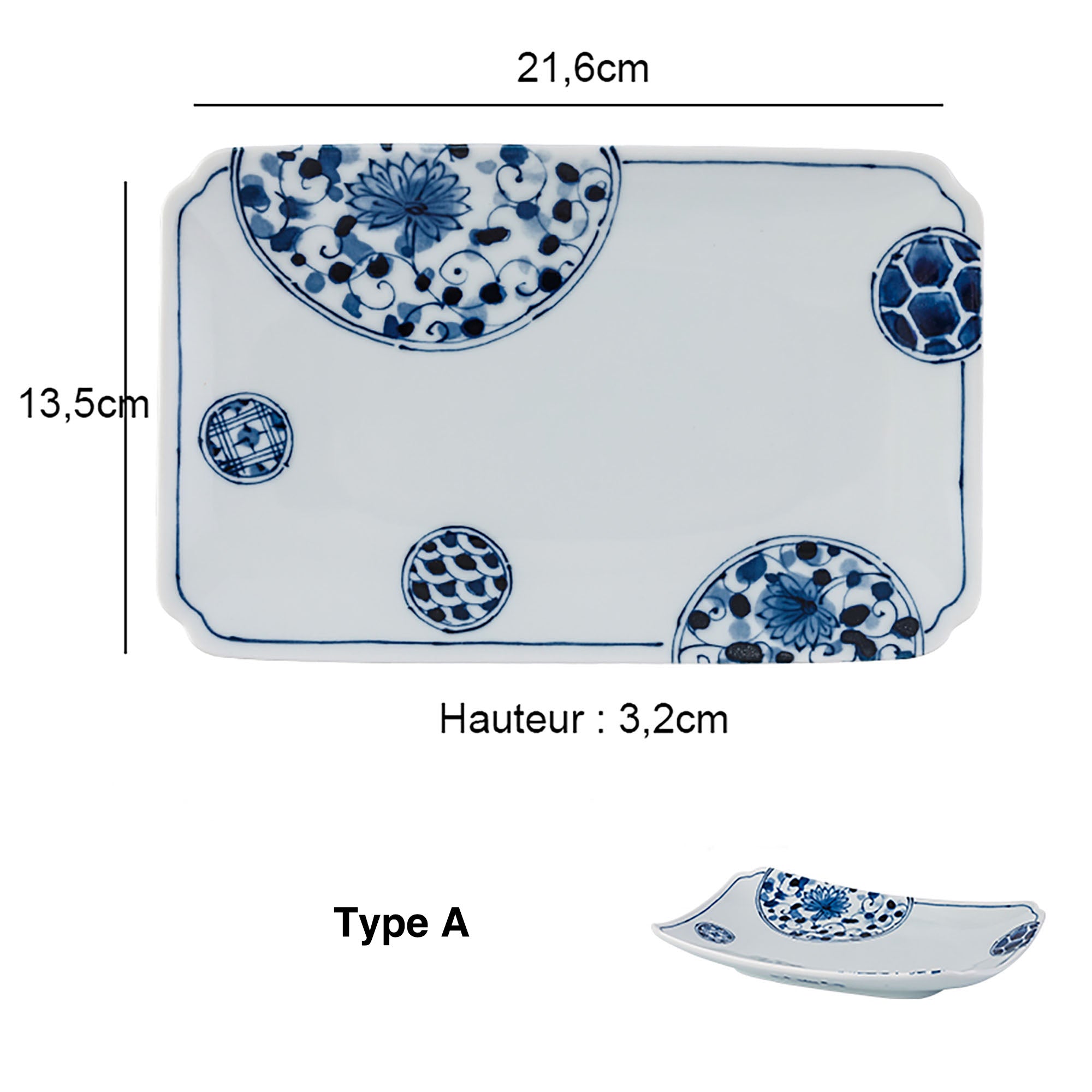ASSIETTE RECTANGULAIRE,BLEU BLANC