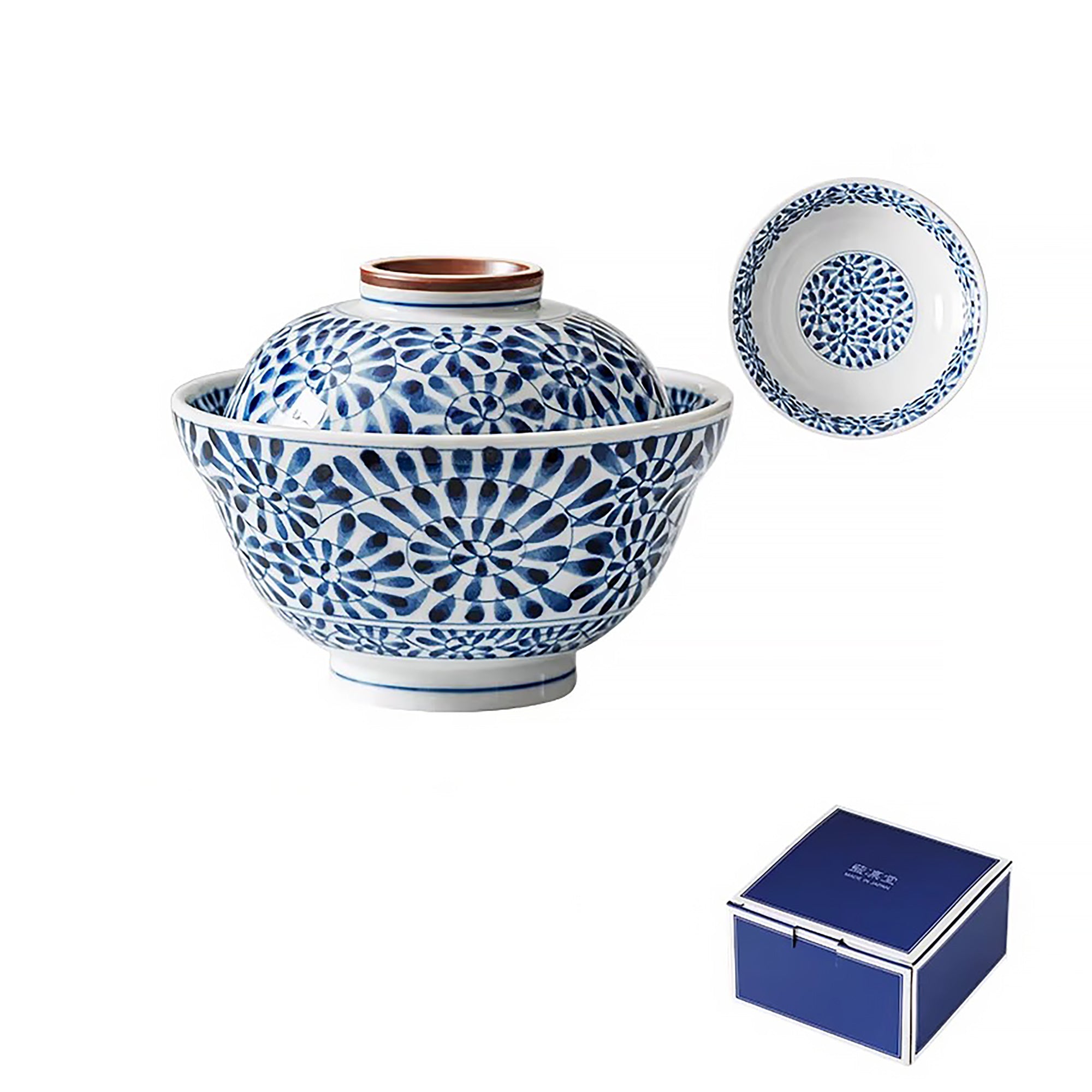 Bol couvert Rintrindo en céramique bleu et blanc