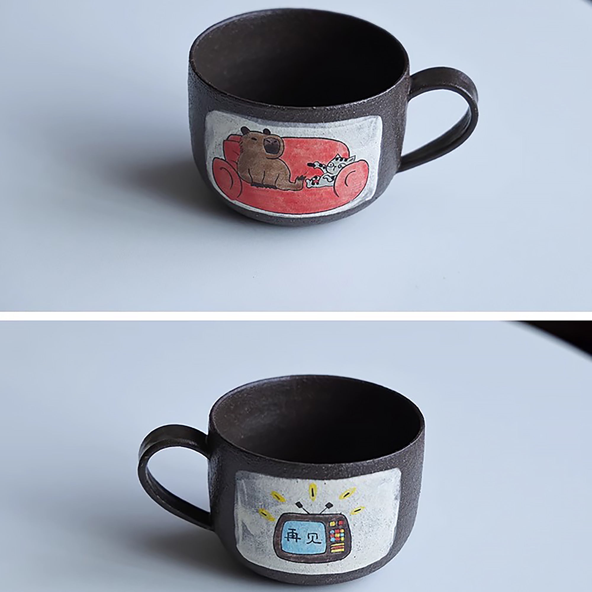 Mug en argile violette fait main avec motif de Série “Bons Potos”