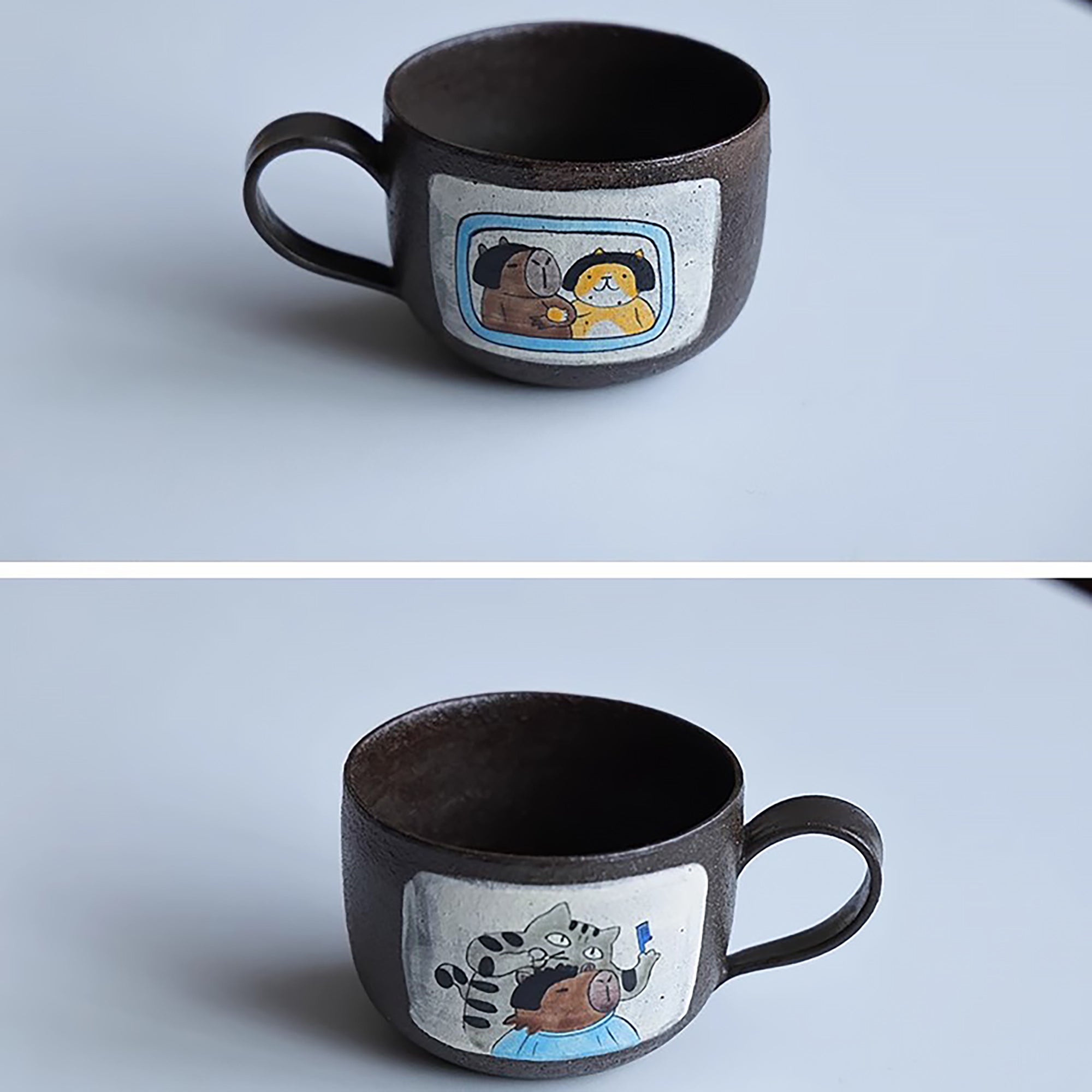 Mug en argile violette fait main avec motif de Série “Bons Potos”