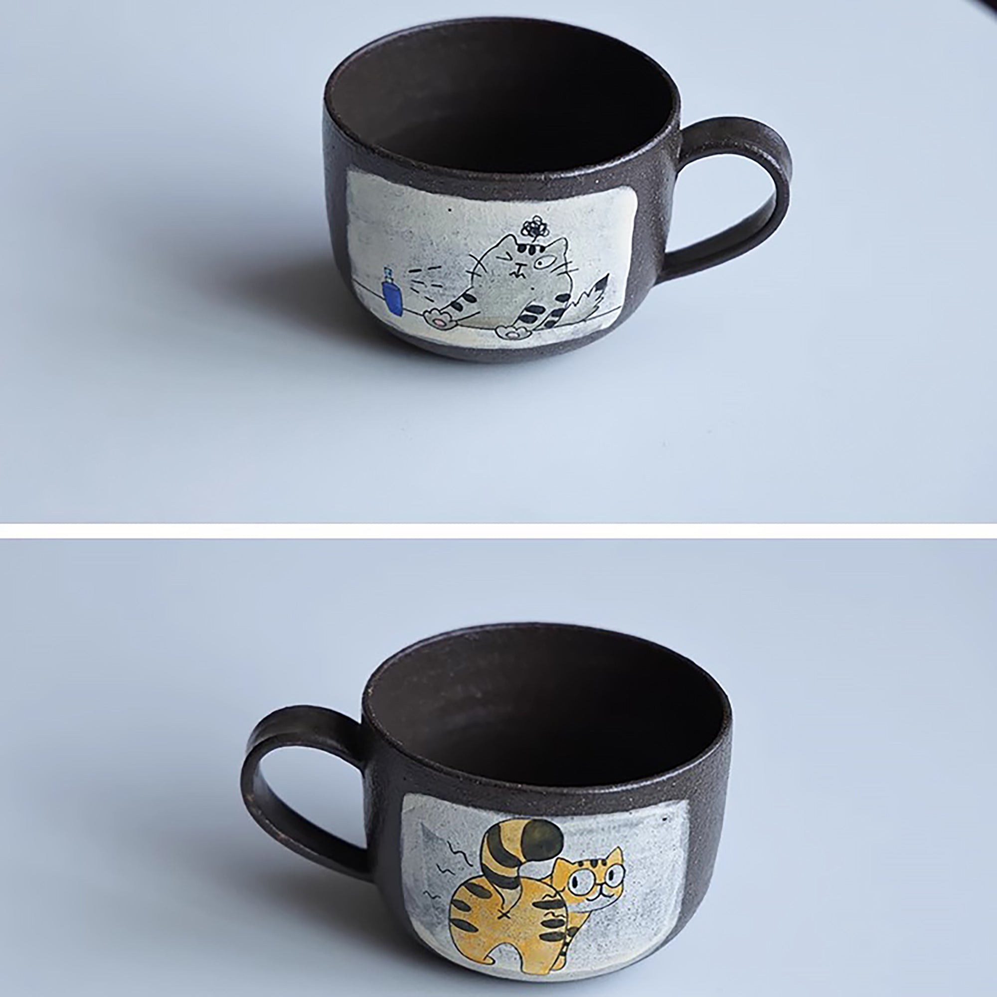Mug en argile violette fait main avec motif de Série “Bons Potos”
