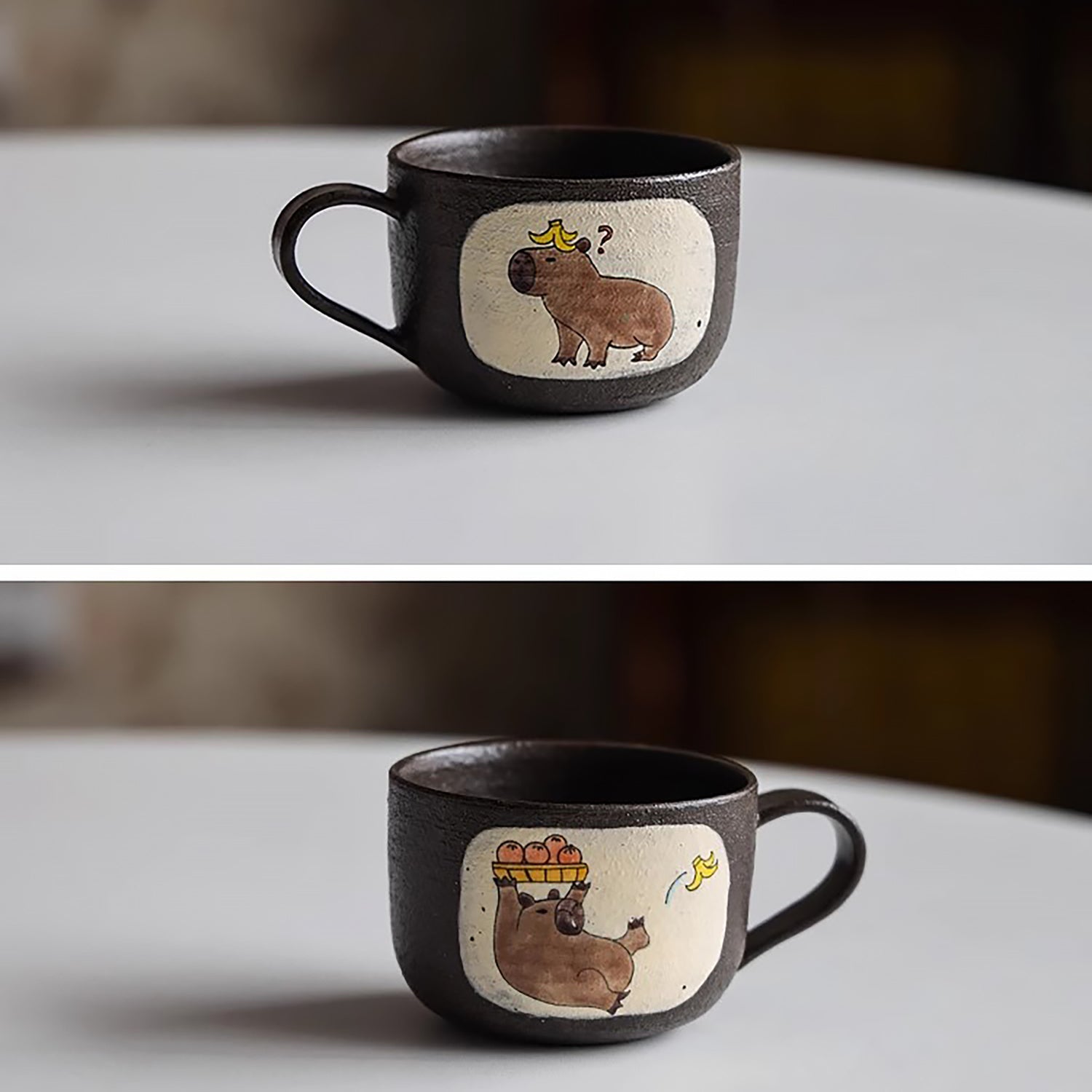 Mug en argile violette fait main avec motif de Série “Bons Potos”