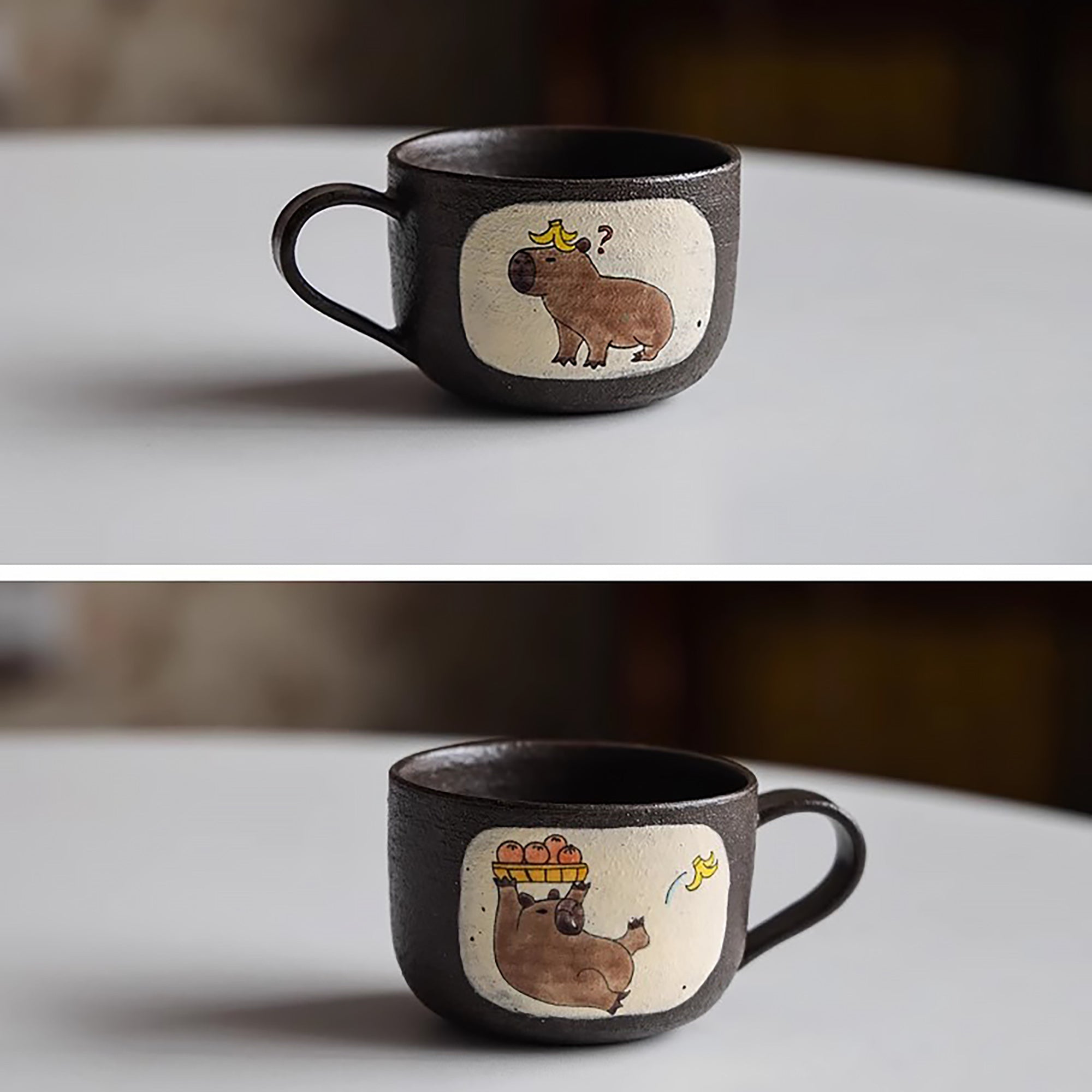 Mug en argile violette fait main avec motif de Série “Bons Potos”