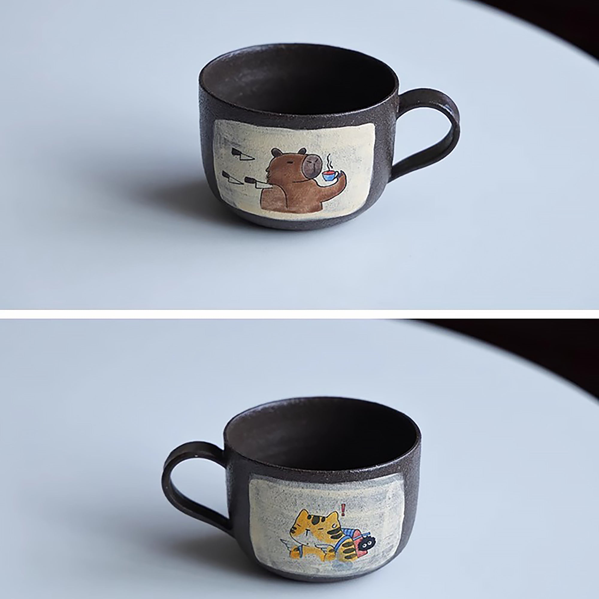 Mug en argile violette fait main avec motif de Série “Bons Potos”