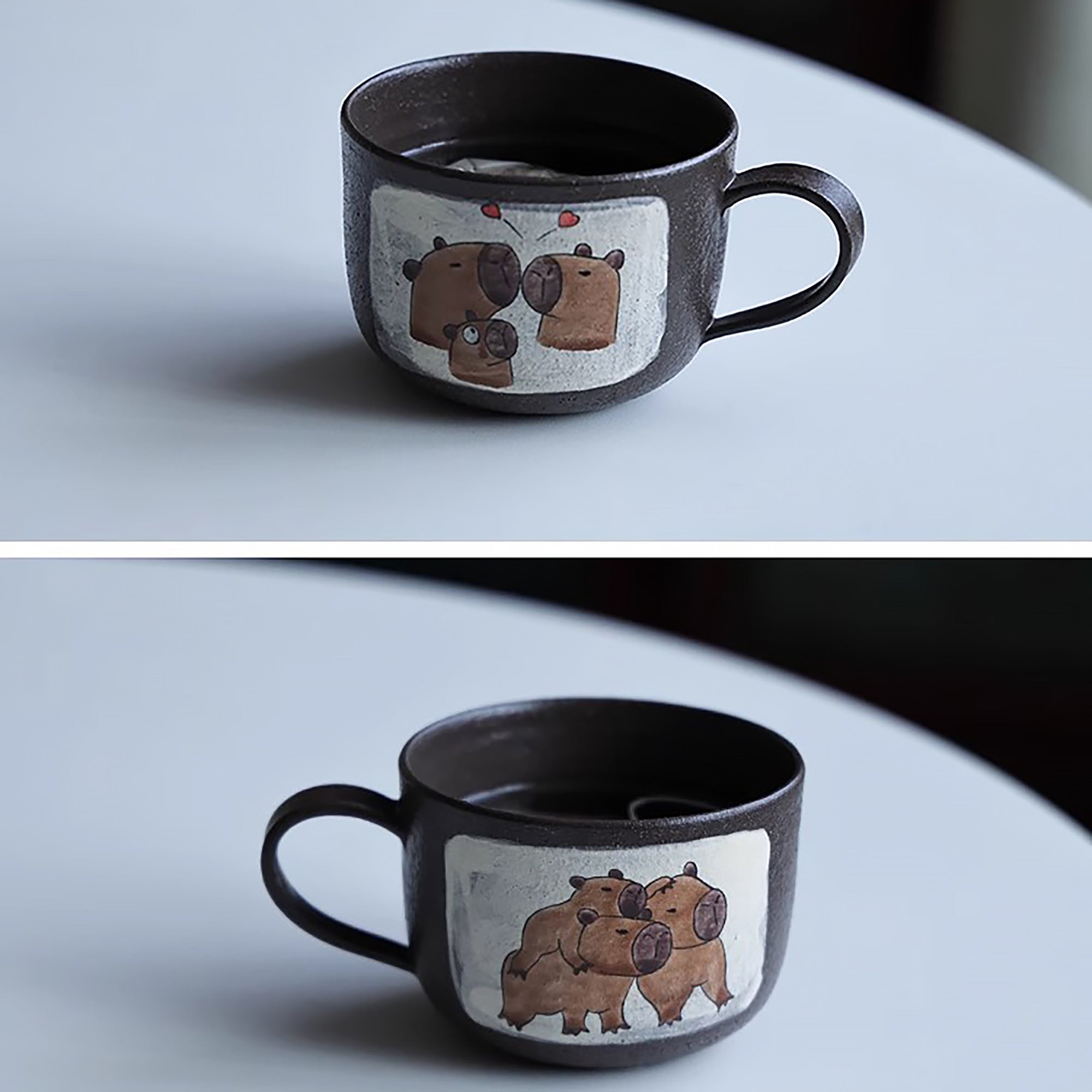 Mug en argile violette fait main avec motif de Série “Bons Potos”