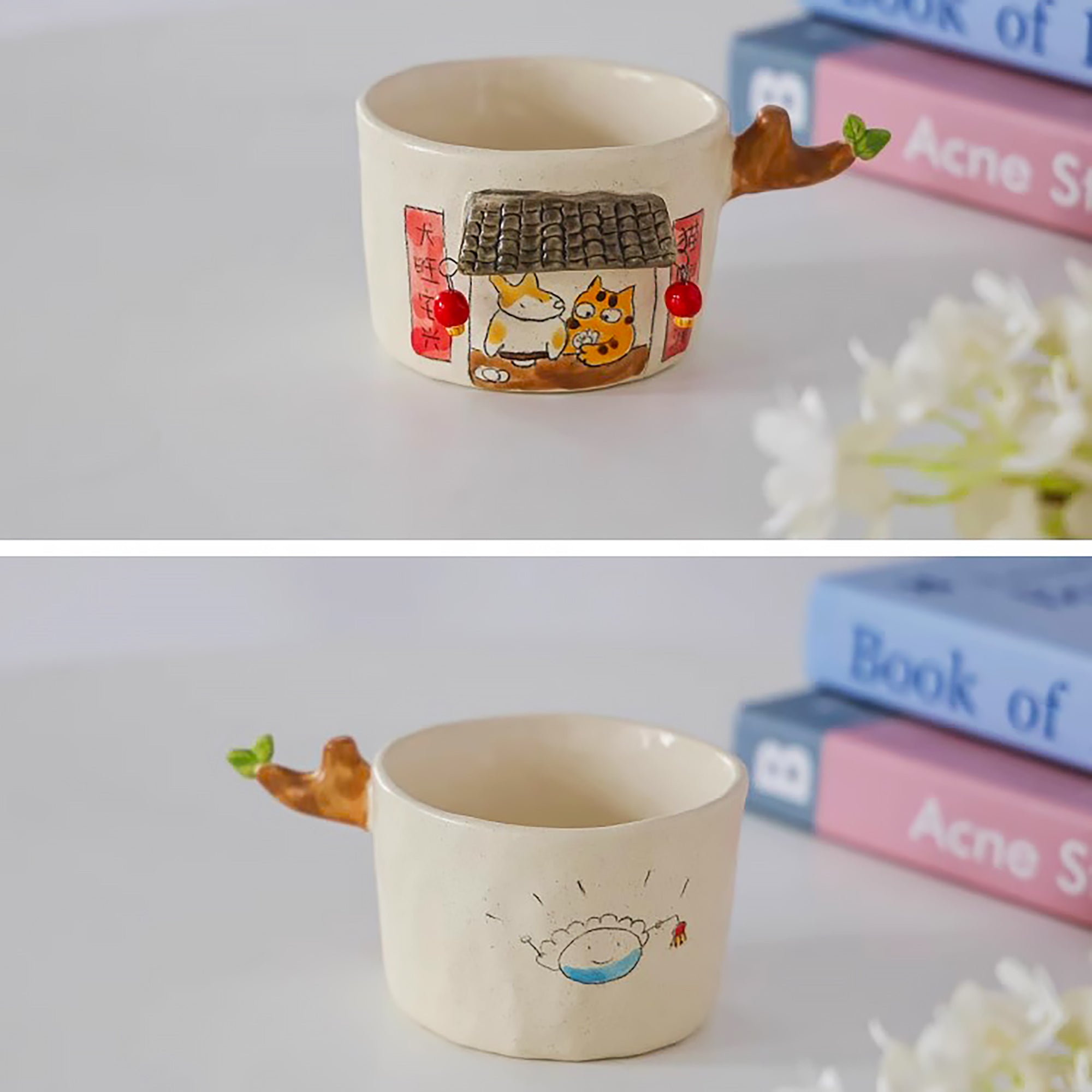 Tasse à café artisanale en céramique avec Anse en forme de branche