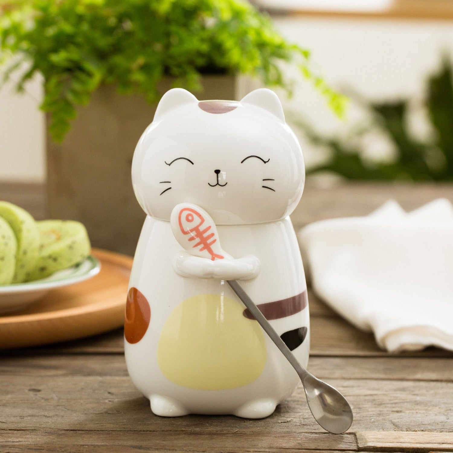 Mugs Chat Adorables avec Couvercles et Cuillères Assorties