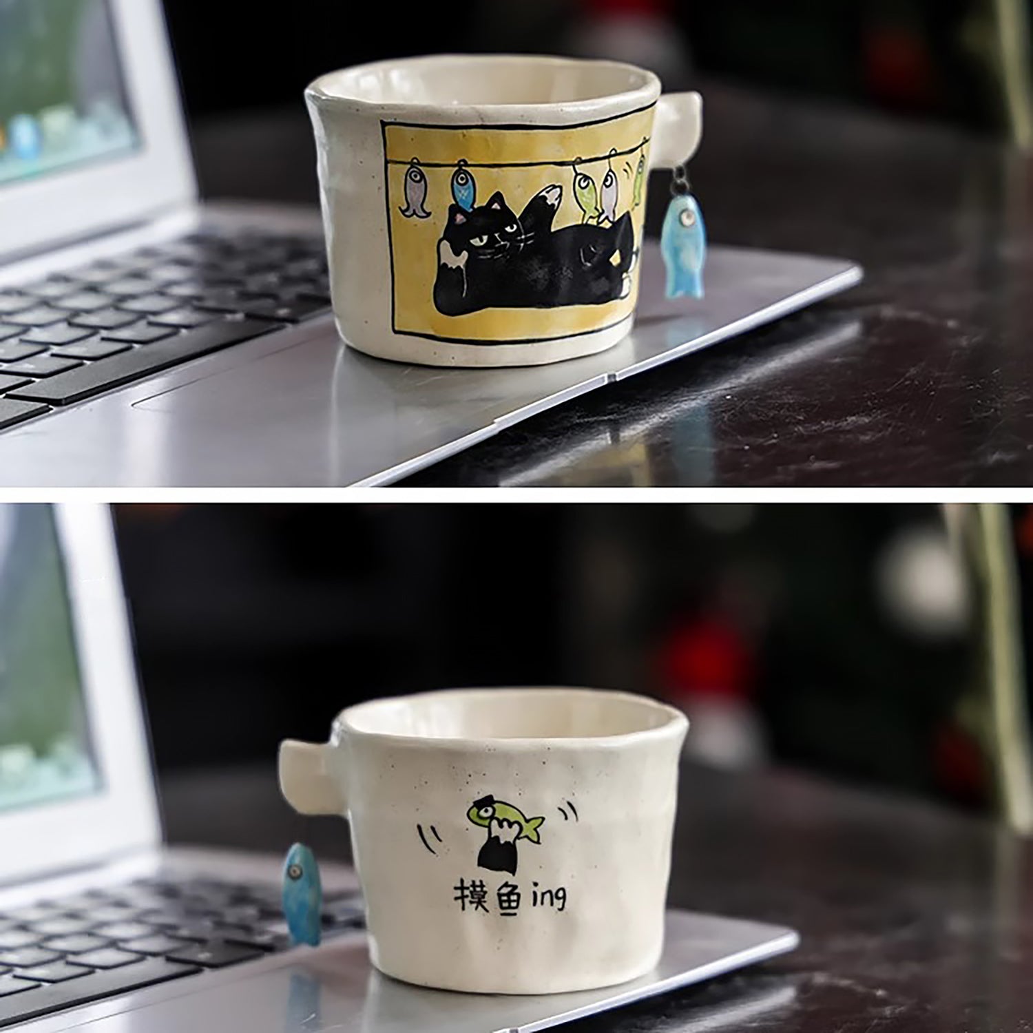 Tasse à café artisanale en céramique avec Motif “Chat et poisson”