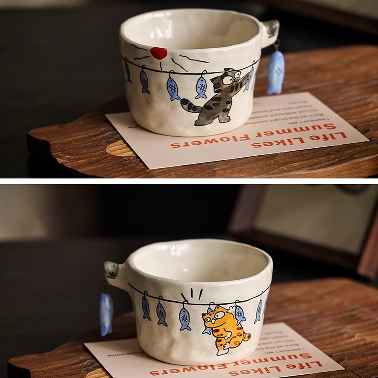 Tasse à café artisanale en céramique avec Motif “Chat et poisson”